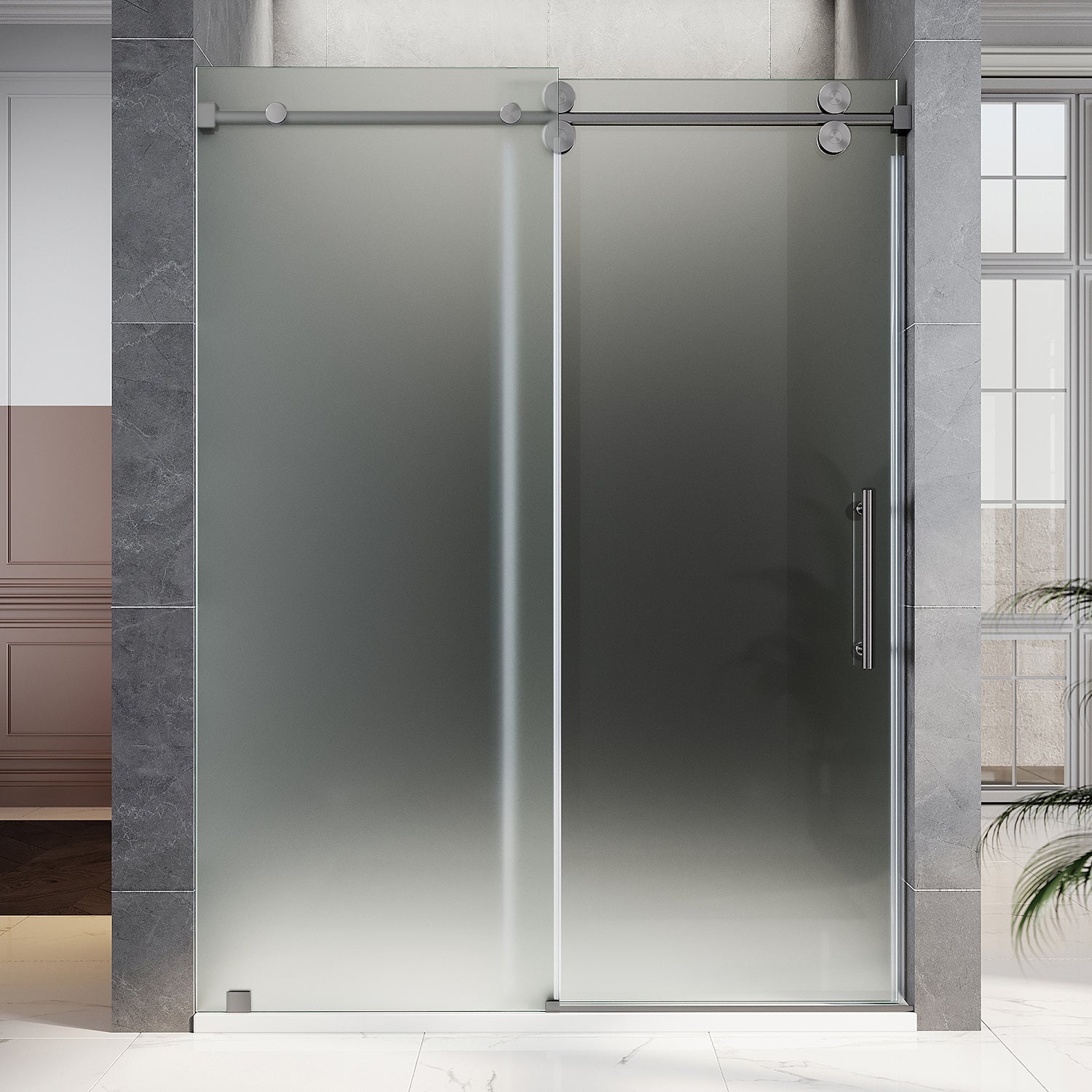 UKS04 - 56 至 60 英寸宽 x 80 英寸高无框推拉淋浴门，EnduroShield 3/8 英寸不同玻璃