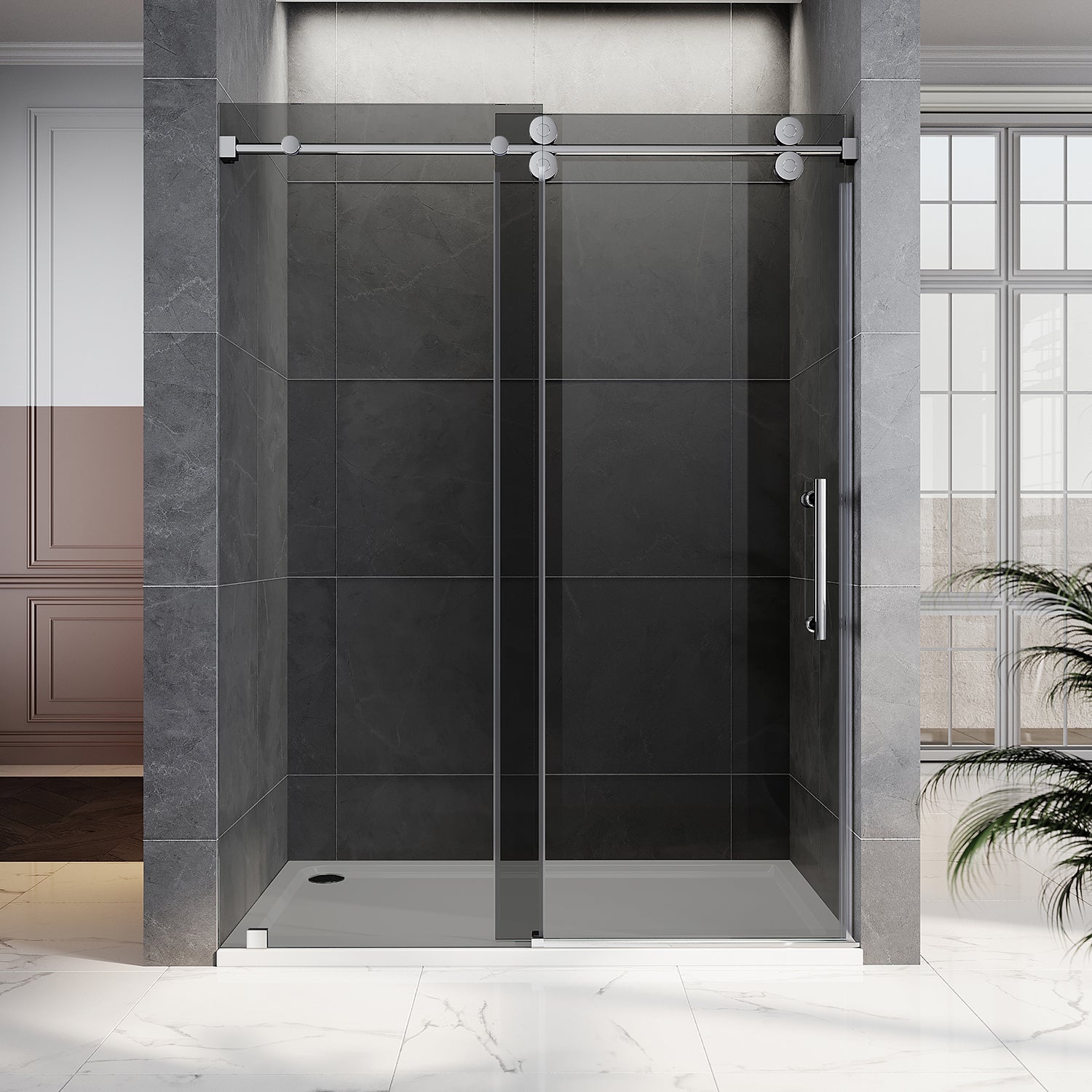 UKS04 - 56 至 60 英寸宽 x 80 英寸高无框推拉淋浴门，EnduroShield 3/8 英寸不同玻璃