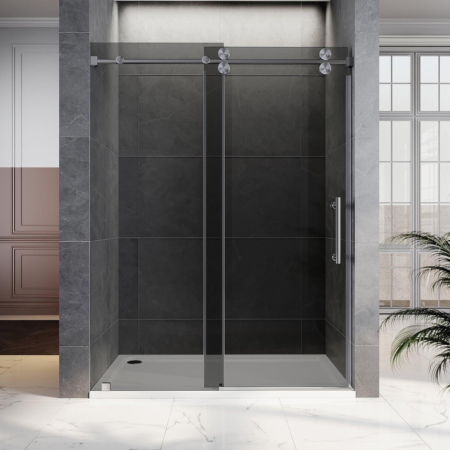 UKS04 - 56 至 60 英寸宽 x 80 英寸高无框推拉淋浴门，EnduroShield 3/8 英寸不同玻璃