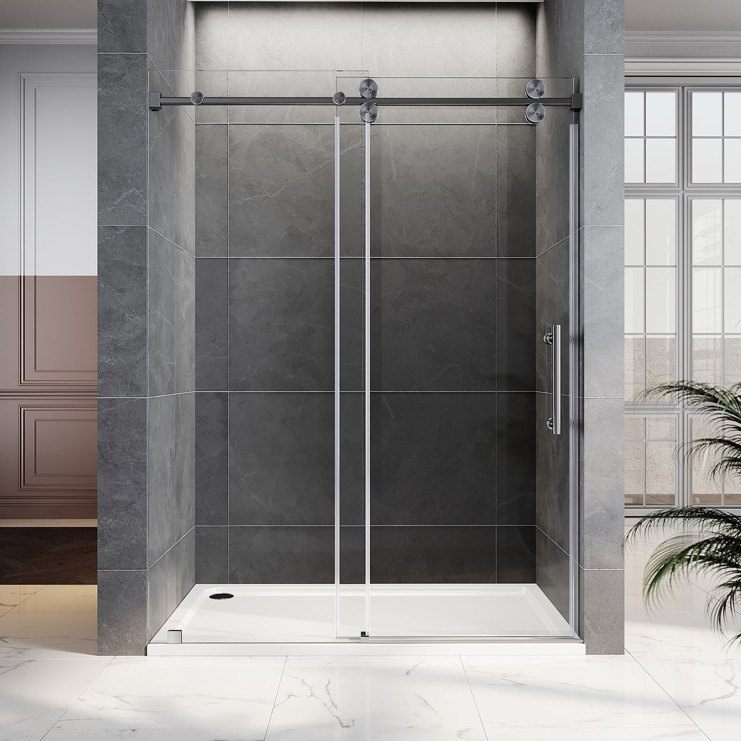 UKS04 - 56 至 60 英寸宽 x 80 英寸高无框推拉淋浴门，EnduroShield 3/8 英寸不同玻璃