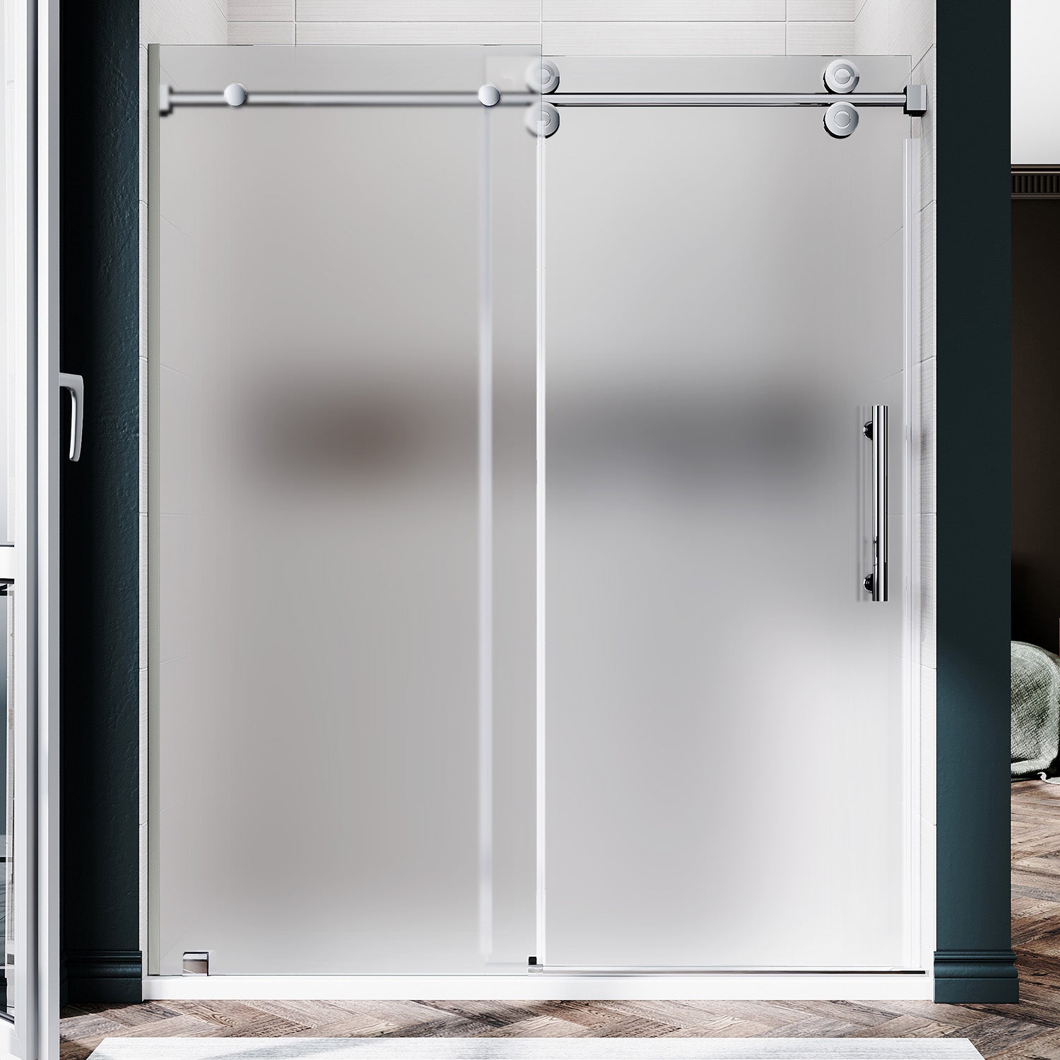 UKS04 - 56 至 60 英寸宽 x 80 英寸高无框推拉淋浴门，EnduroShield 3/8 英寸不同玻璃