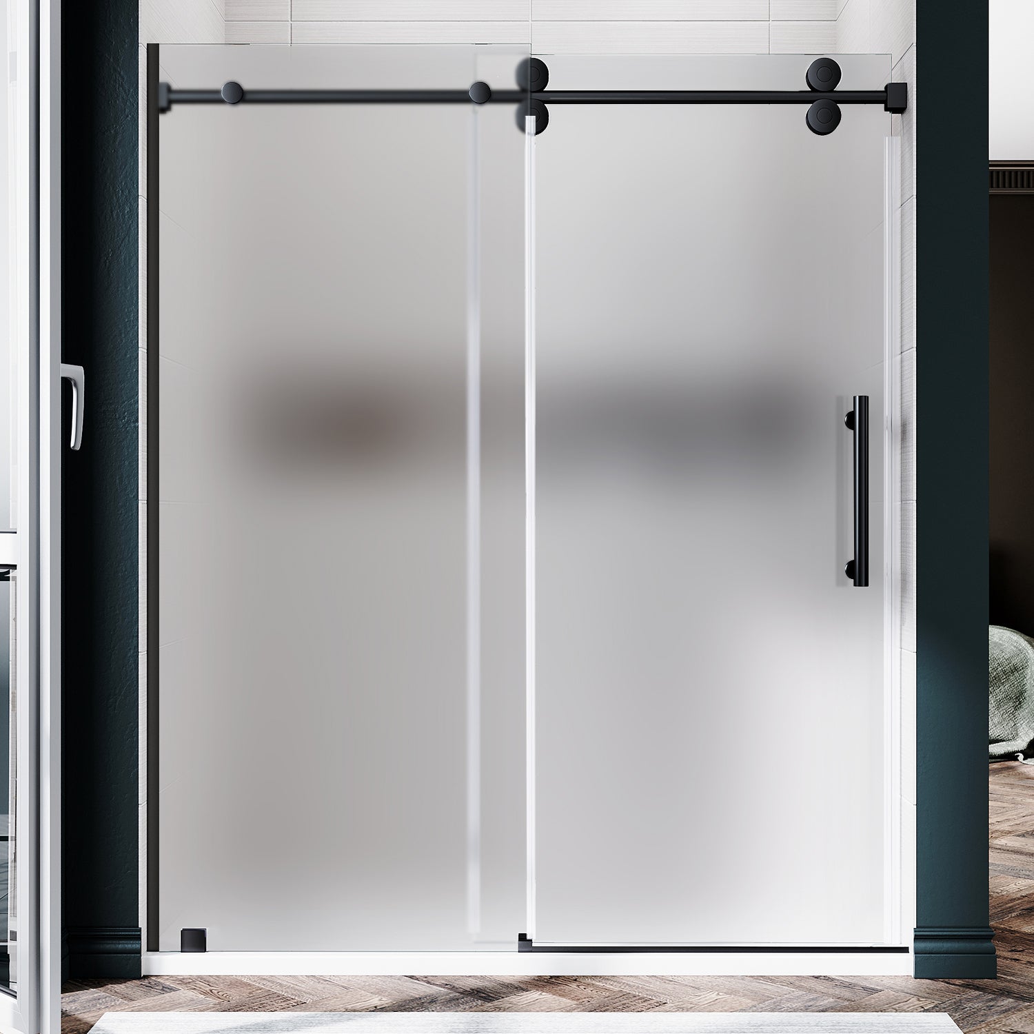 UKS04 - 56 至 60 英寸宽 x 80 英寸高无框推拉淋浴门，EnduroShield 3/8 英寸不同玻璃