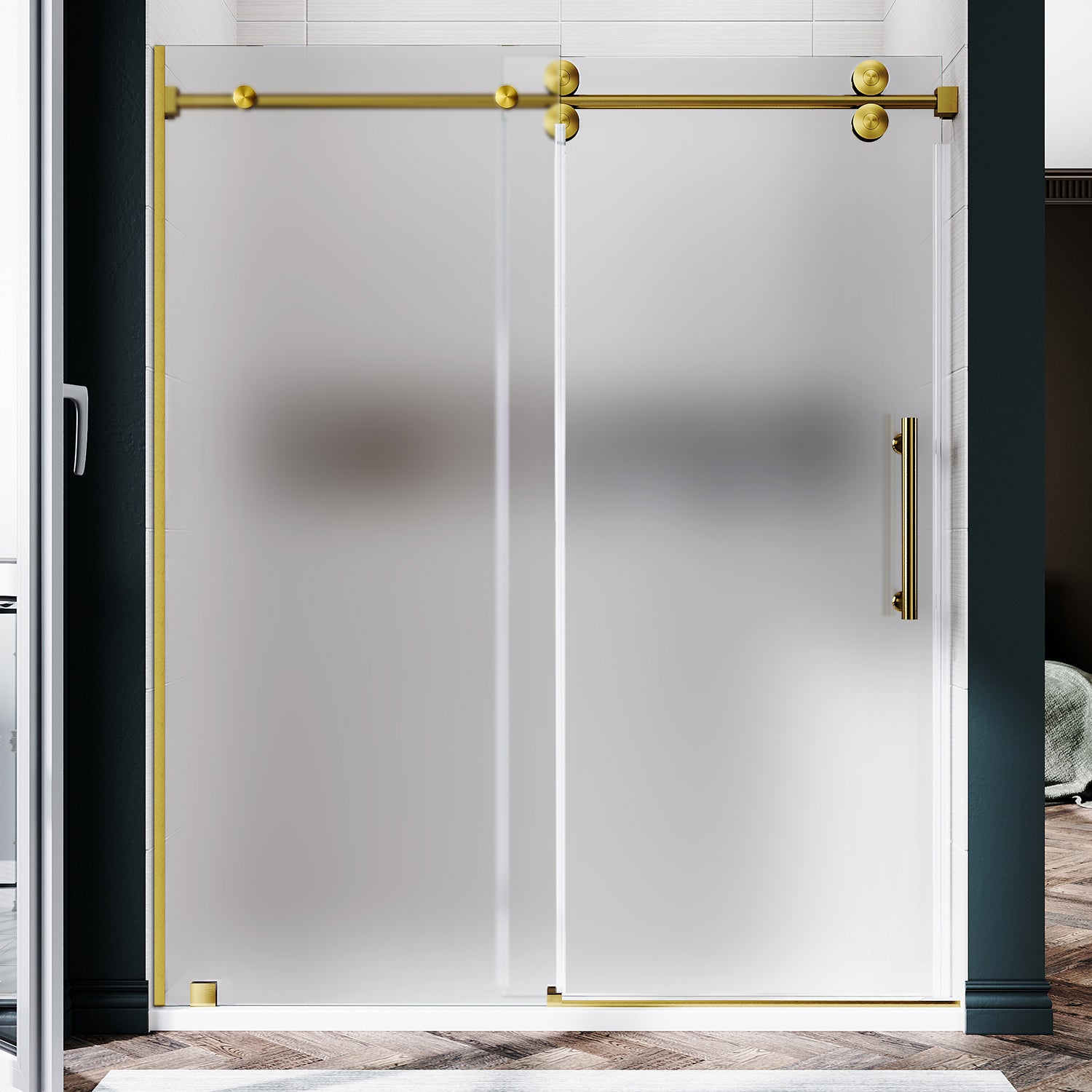 UKS04 - 56 至 60 英寸宽 x 80 英寸高无框推拉淋浴门，EnduroShield 3/8 英寸不同玻璃