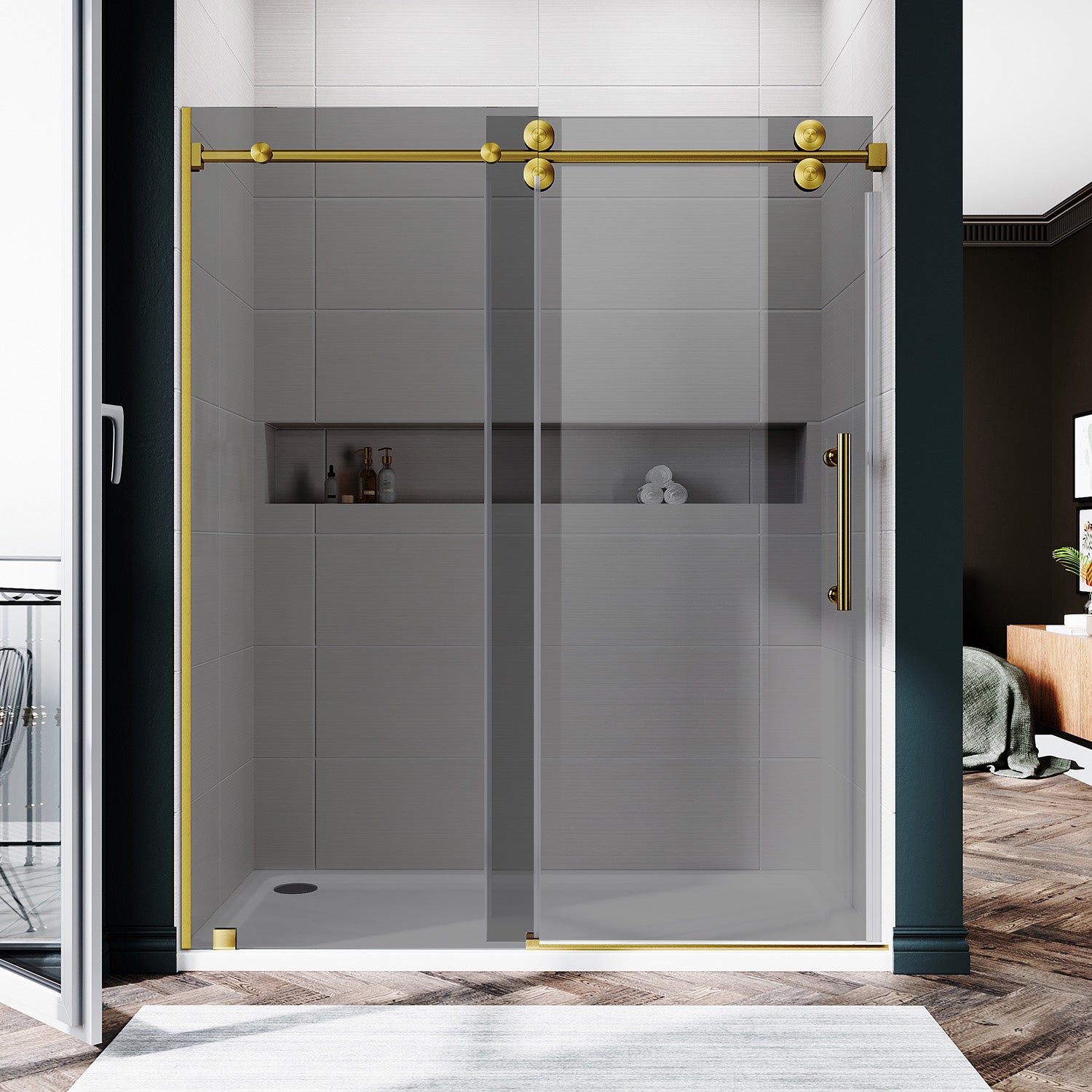 UKS04 - 56 至 60 英寸宽 x 80 英寸高无框推拉淋浴门，EnduroShield 3/8 英寸不同玻璃