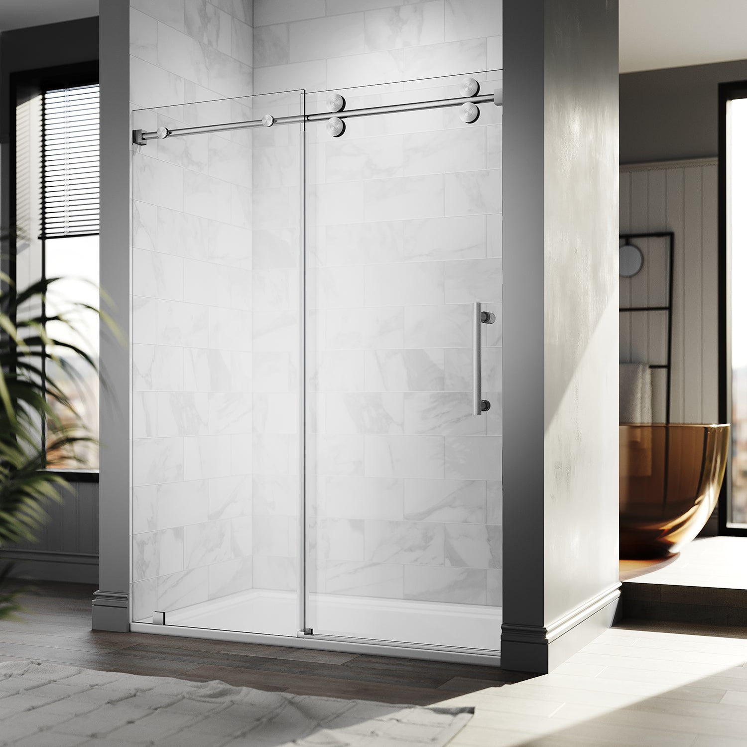 UKS04 -56 to 60 in. W x 84 in. H Sliding Frameless Shower Door, EnduroShield 3/8 in. SGCC Clear Glass