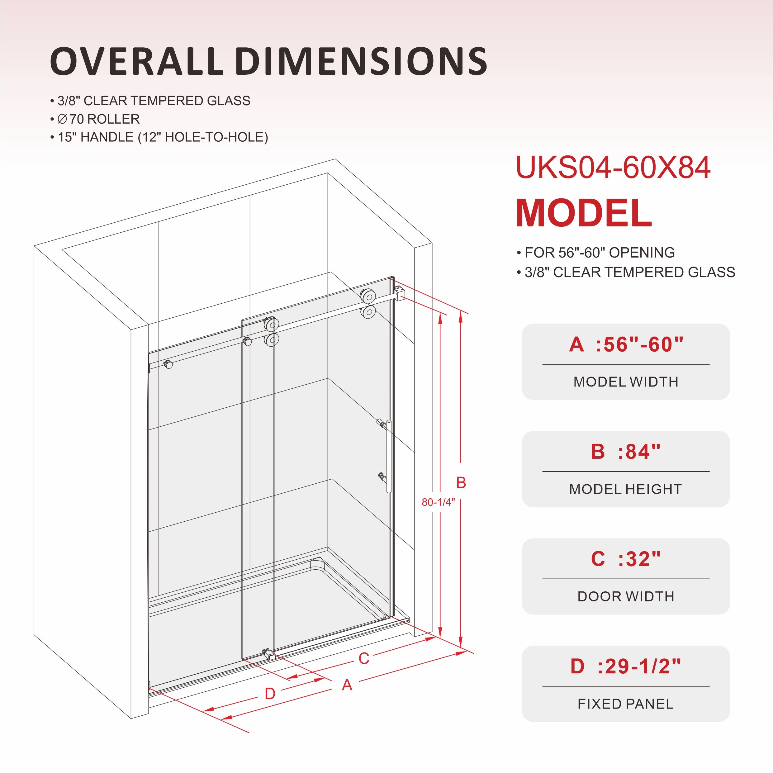 UKS04 -56 to 60 in. W x 84 in. H Sliding Frameless Shower Door, EnduroShield 3/8 in. SGCC Clear Glass