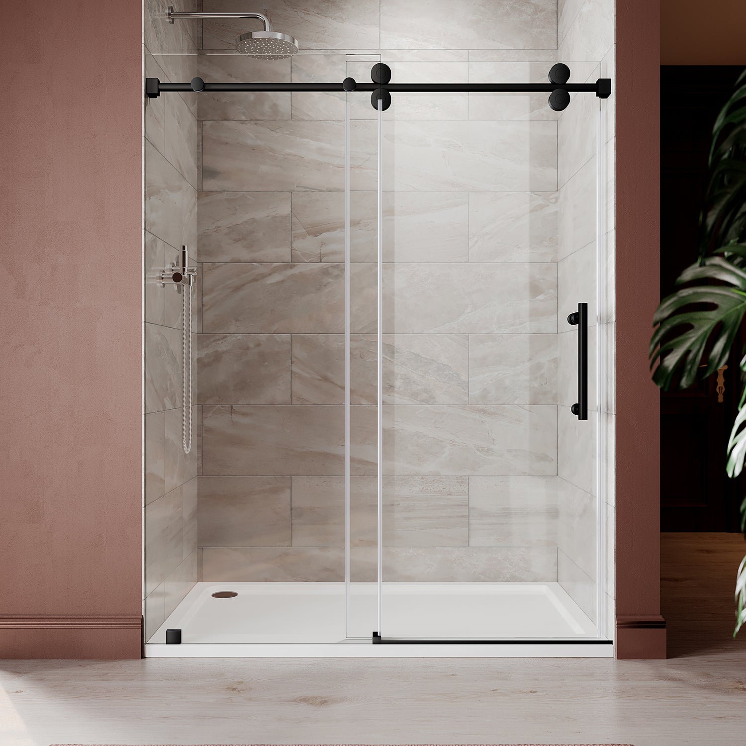Puerta de ducha corrediza sin marco UKS04 -61 a 65 pulgadas de ancho x 76 u 80 pulgadas de alto, vidrio transparente EnduroShield SGCC de 3/8 pulgadas