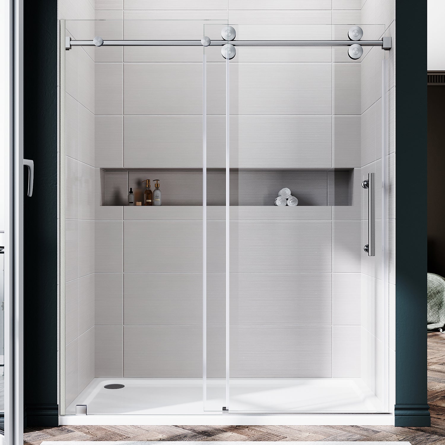 Puerta de ducha corrediza sin marco UKS04 -61 a 65 pulgadas de ancho x 76 u 80 pulgadas de alto, vidrio transparente EnduroShield SGCC de 3/8 pulgadas