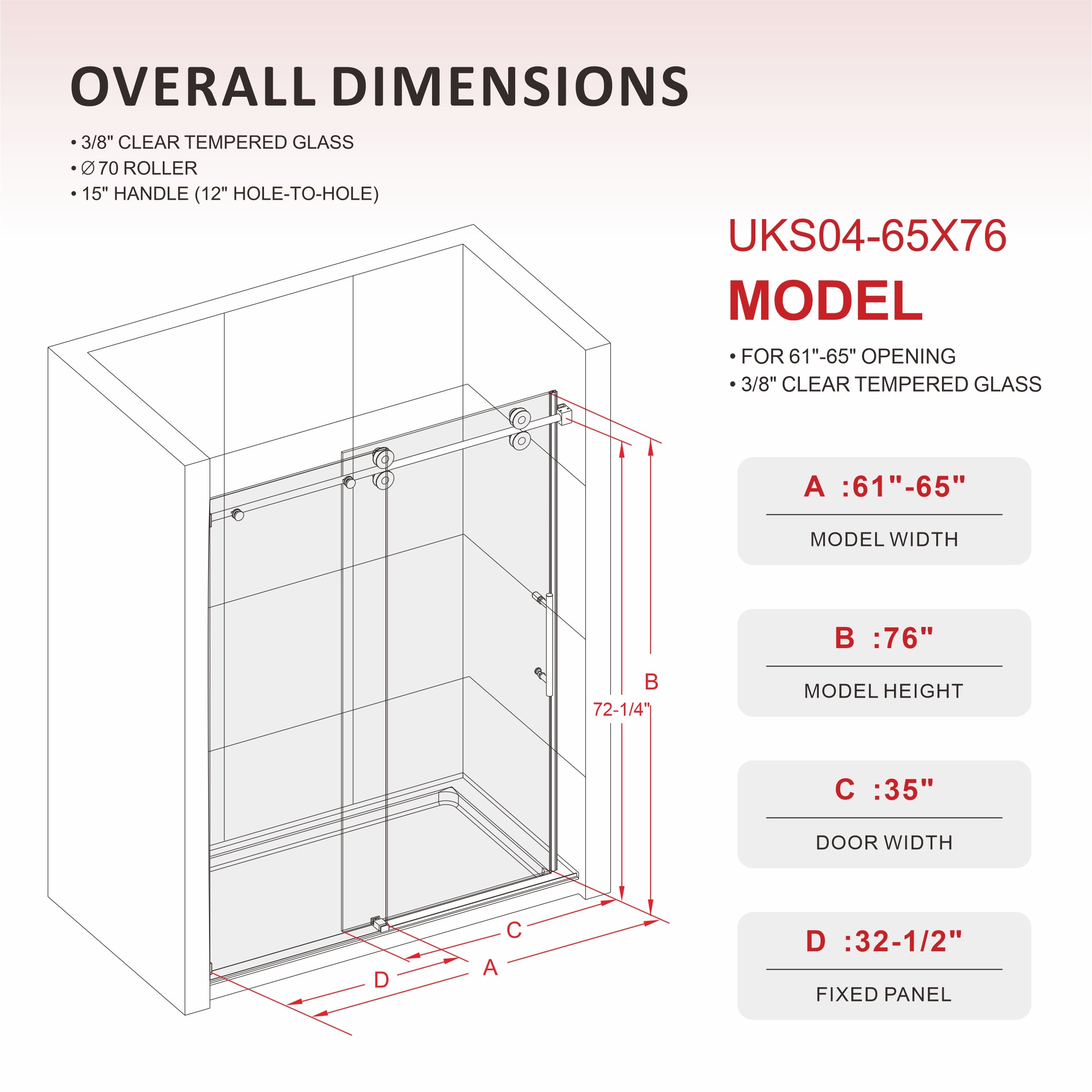 Puerta de ducha corrediza sin marco UKS04 -61 a 65 pulgadas de ancho x 76 u 80 pulgadas de alto, vidrio transparente EnduroShield SGCC de 3/8 pulgadas
