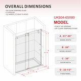 Puerta de ducha corrediza sin marco UKS04 -61 a 65 pulgadas de ancho x 76 u 80 pulgadas de alto, vidrio transparente EnduroShield SGCC de 3/8 pulgadas