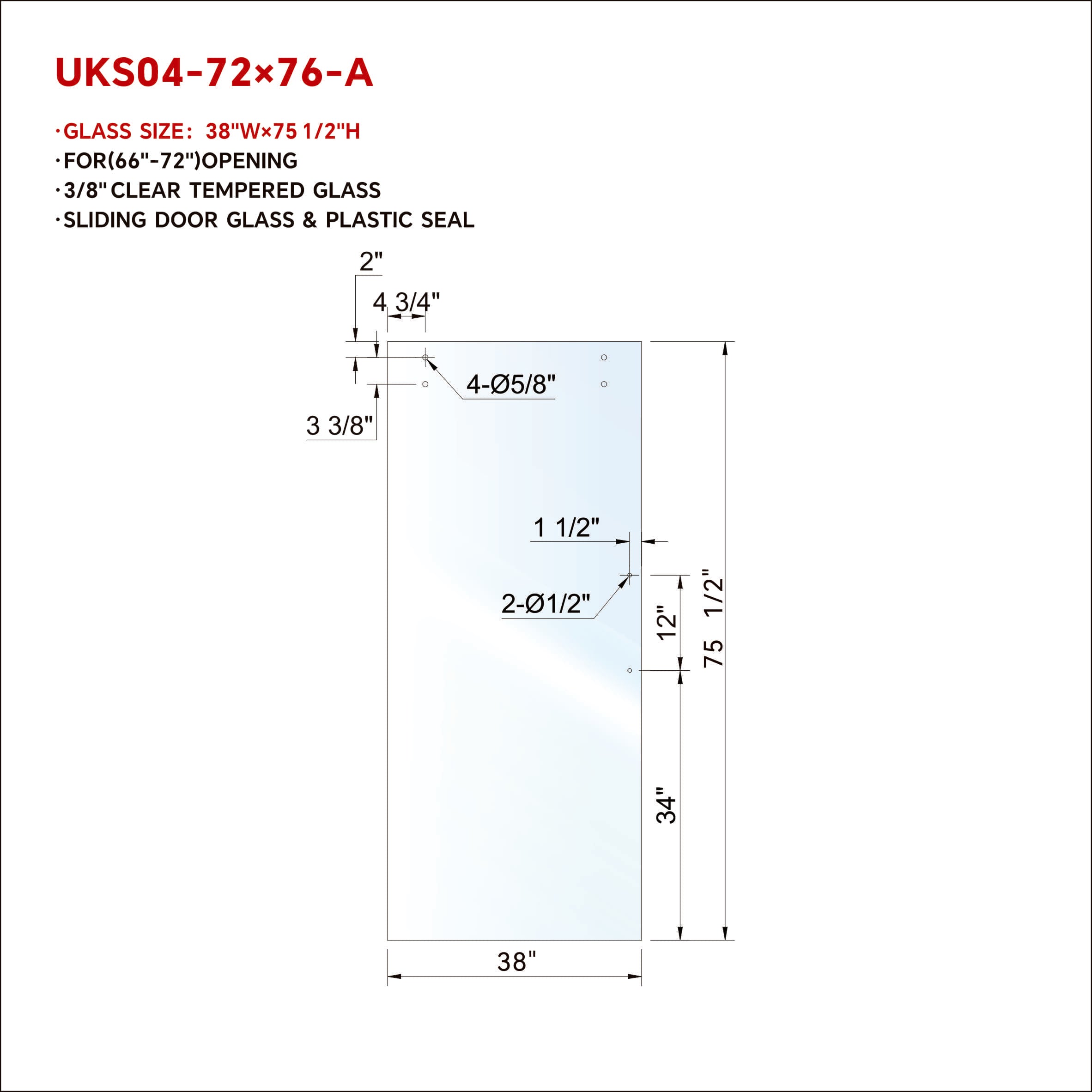 UKS04 SLIDING DOOR GLASS WITH 12' HANDLE OPENING WITH ENDURO SHIELD COATING ON BOTH SIDES