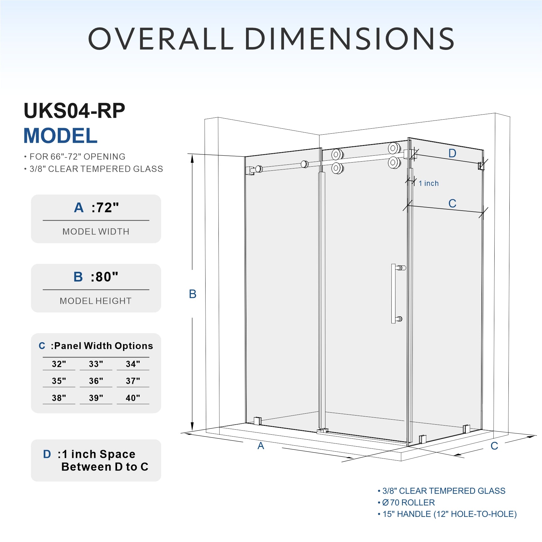 UKS04RP 66 to 72 in. W X 38-40 in. D X 80 in. H U-Channel Frameless Sliding Shower Door  with EnduroShield 3/8 in. Clear Glass