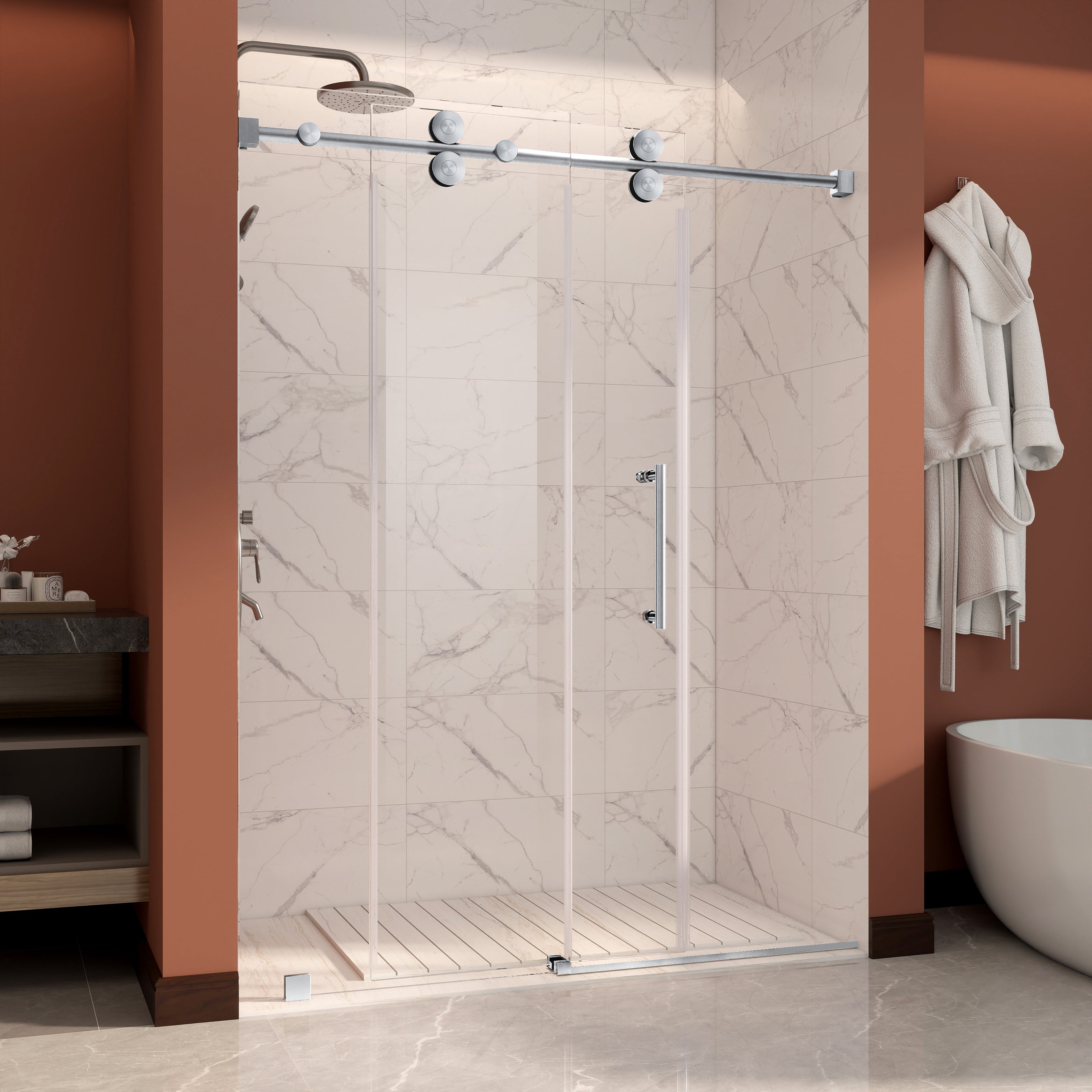 UKS04 -56 to 60 in. W x 84 in. H Sliding Frameless Shower Door, EnduroShield 3/8 in. SGCC Clear Glass