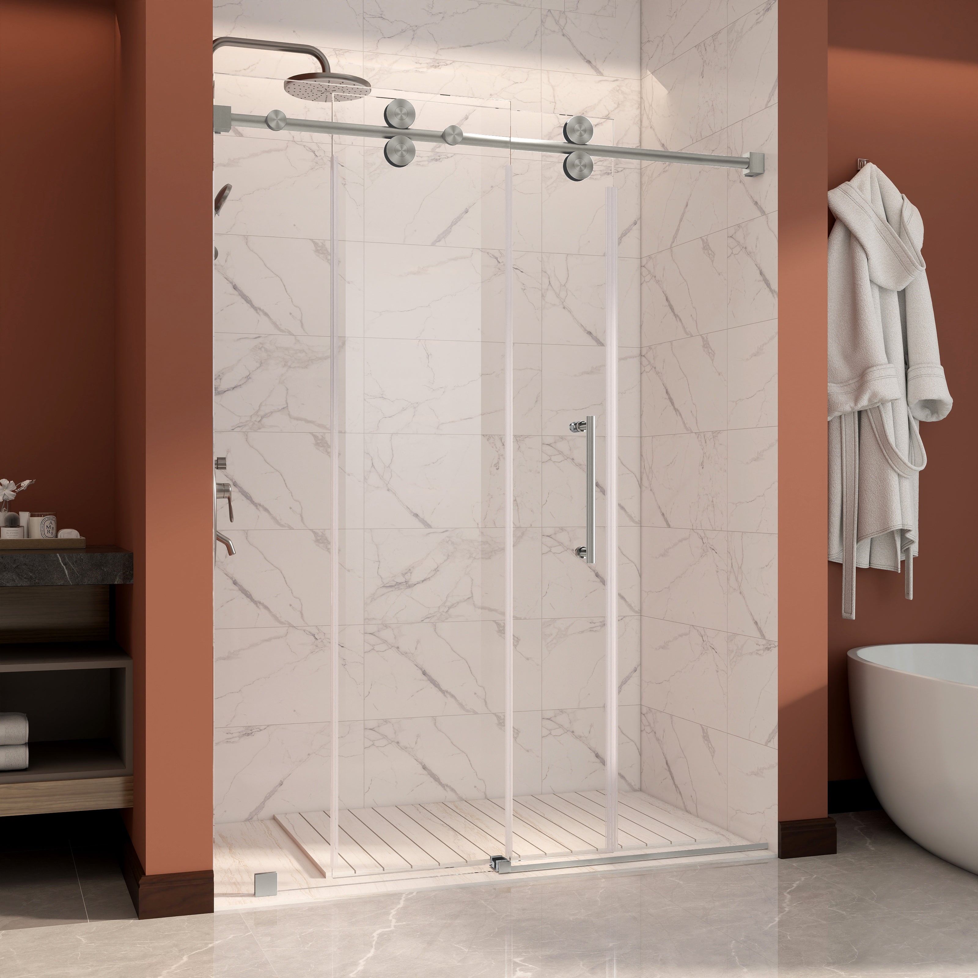 UKS04 - Puerta de ducha corrediza sin marco de 66 a 72 pulgadas de ancho x 76 u 80 pulgadas de alto, vidrio transparente EnduroShield de 3/8 pulgadas SGCC