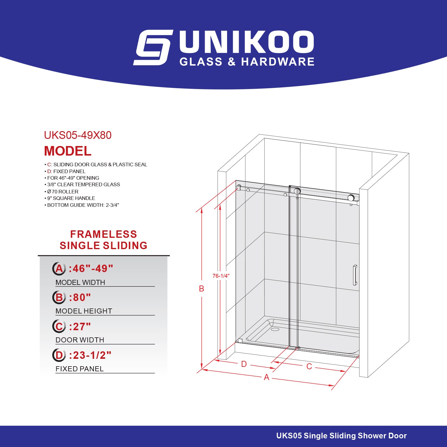 UKS05 - 46 to 49 in. W x 76 or 80 in. H Sliding Frameless Shower Door, EnduroShield 3/8 in. SGCC Clear Glass -wholesale