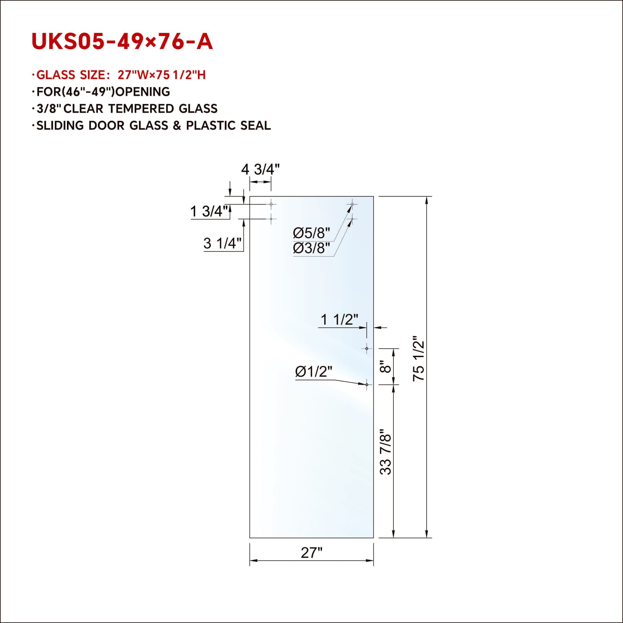 UKS05 SLIDING DOOR GLASS W/ 8' HANDLE OPENING GLASS WITH ENDURO SHIELD COATING ON BOTH