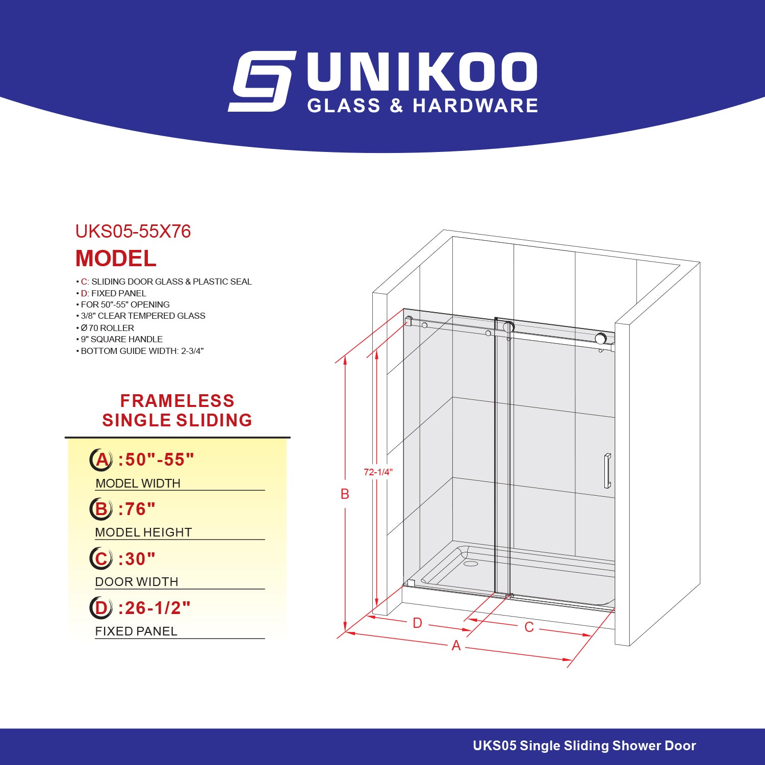 UKS05 - Puerta de ducha corredera sin marco de 50 a 55 pulgadas de ancho x 76 u 80 pulgadas de alto, vidrio transparente EnduroShield de 3/8 de pulgada SGCC