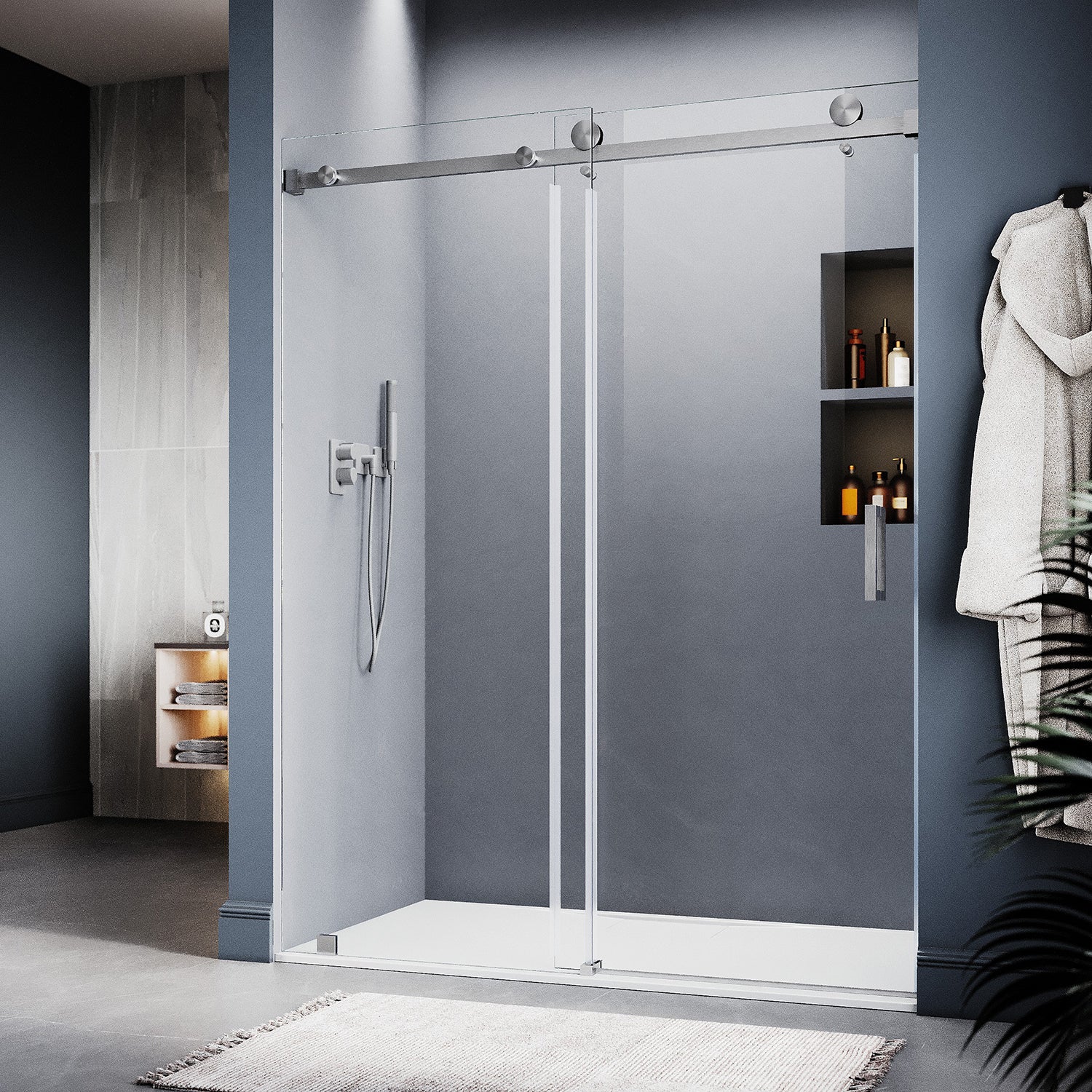 UKS05 - Puerta de ducha corredera sin marco de 50 a 55 pulgadas de ancho x 76 u 80 pulgadas de alto, vidrio transparente EnduroShield de 3/8 de pulgada SGCC