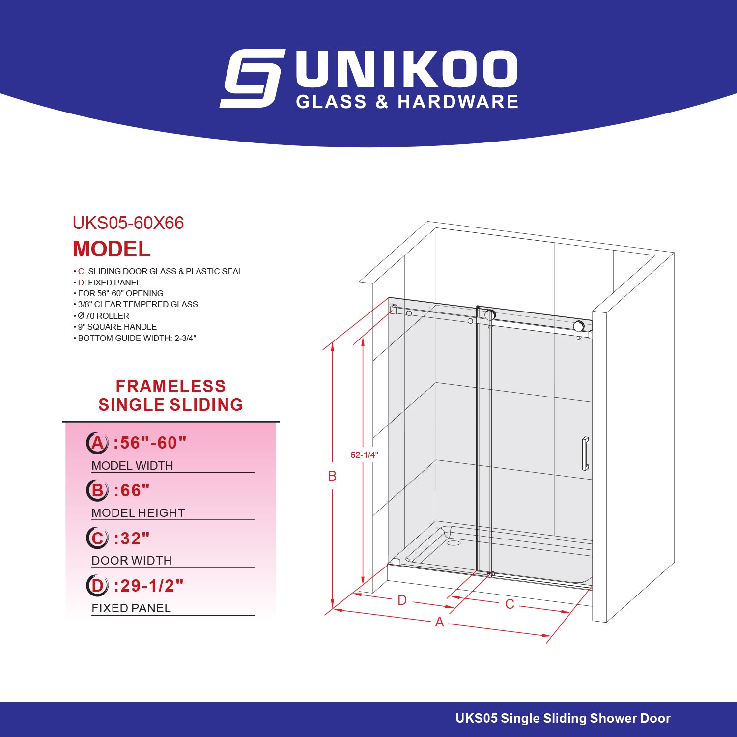 UKS05-56 to 60 in. W x 66 in. H Sliding Frameless Bathtub Door with EnduroShield 3/8" SGCC Clear Glass -wholesale