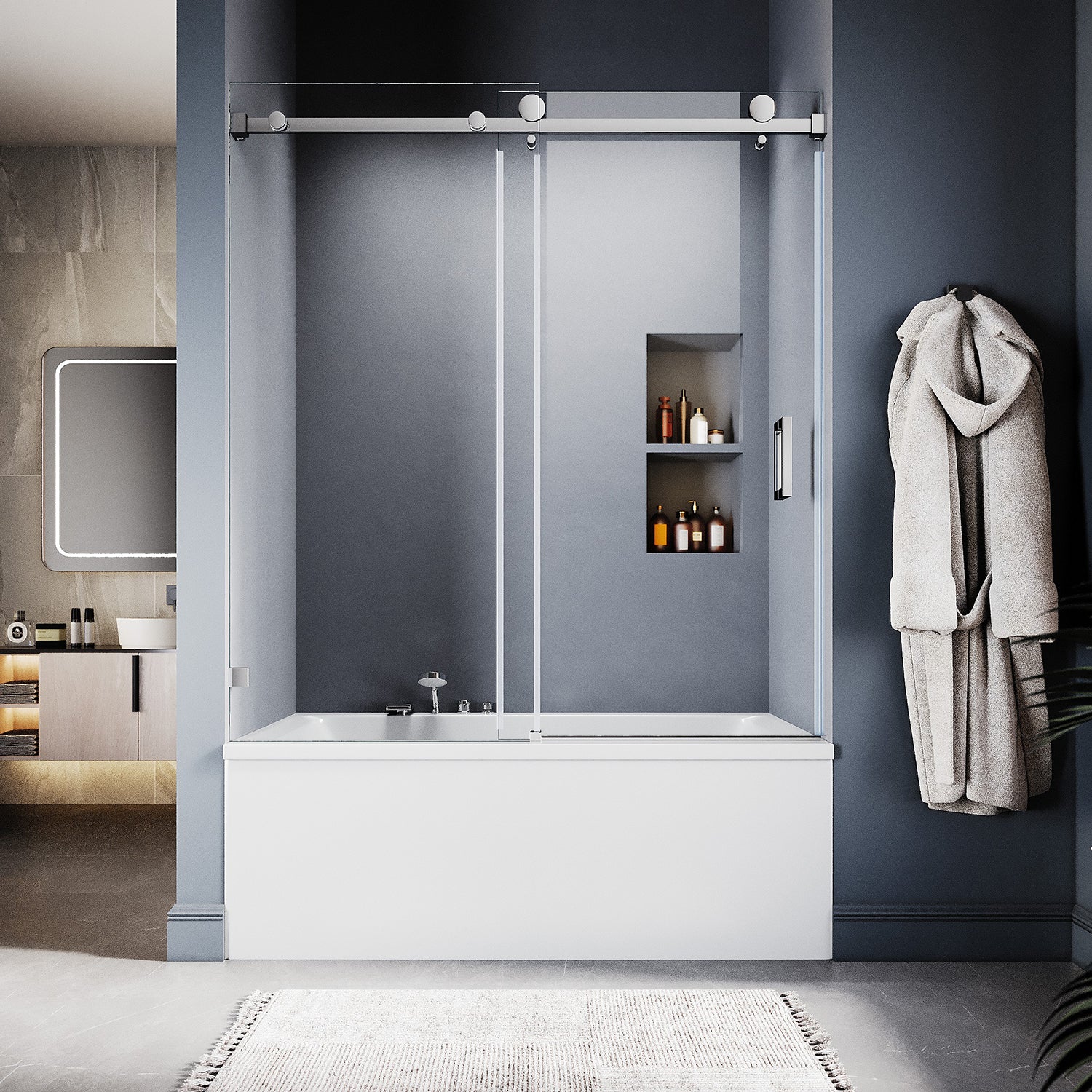 UKS05-56 to 60 in. W x 66 in. H Sliding Frameless Bathtub Door with EnduroShield 3/8" SGCC Clear Glass -wholesale