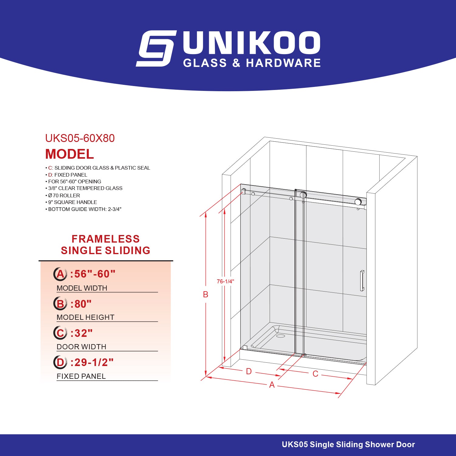UKS05 - Puerta de ducha corrediza sin marco de 56 a 60 pulgadas de ancho x 80 pulgadas de alto, vidrio transparente EnduroShield de 3/8 de pulgada SGCC