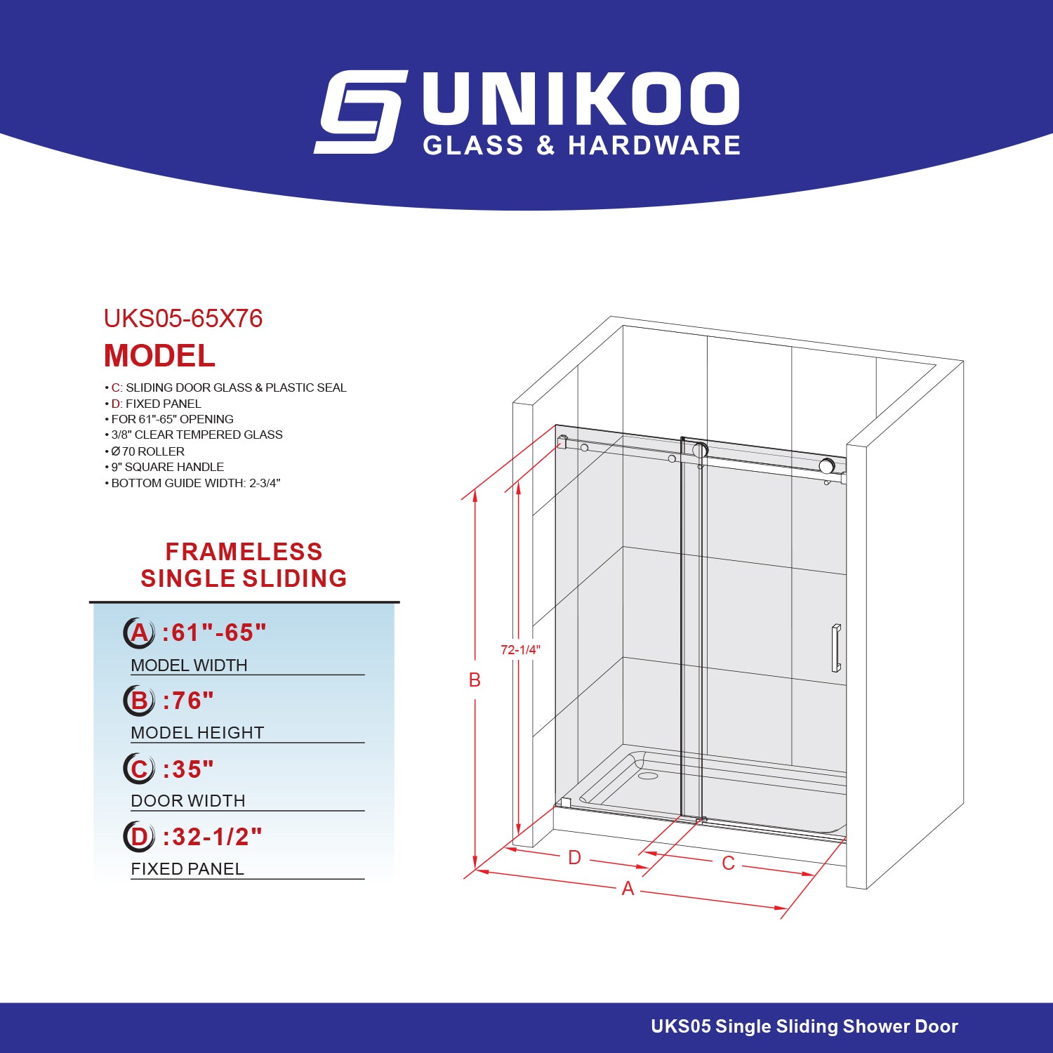 UKS05 - 61 to 65 in. W x 76 or 80 in. H Sliding Frameless Shower Door, EnduroShield 3/8 in. SGCC Clear Glass -wholesale