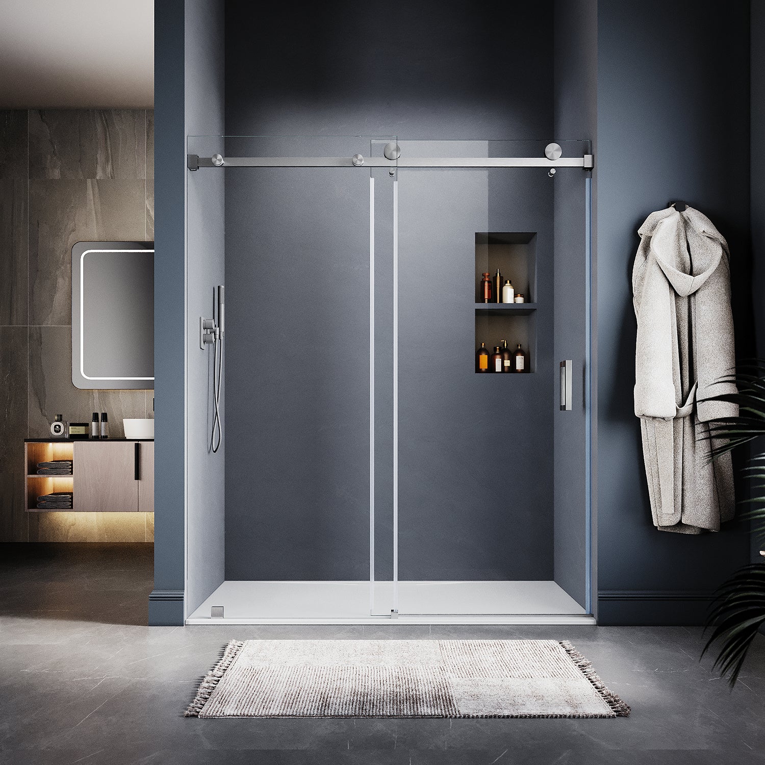 UKS05 - 61 to 65 in. W x 76 or 80 in. H Sliding Frameless Shower Door, EnduroShield 3/8 in. SGCC Clear Glass -wholesale
