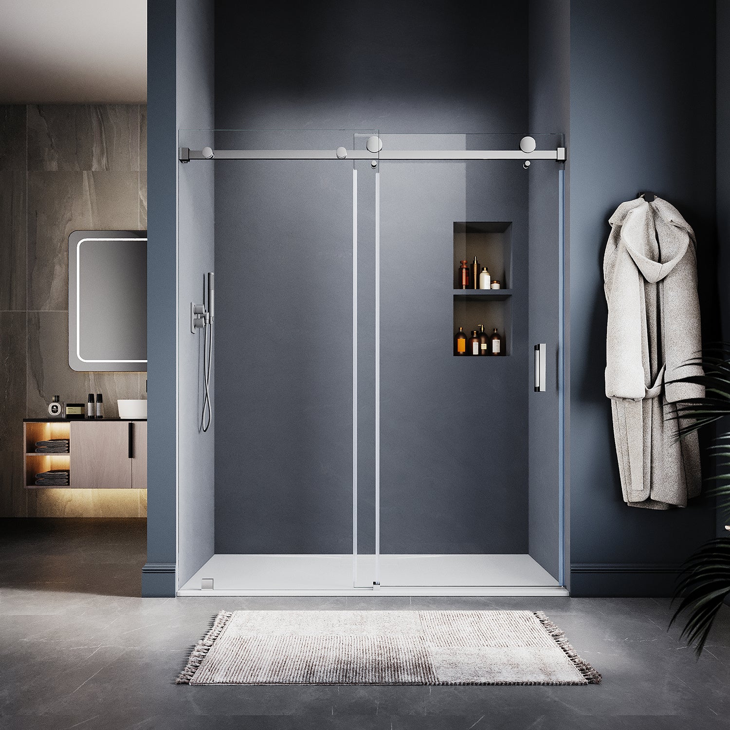 UKS05 - 61 to 65 in. W x 76 or 80 in. H Sliding Frameless Shower Door, EnduroShield 3/8 in. SGCC Clear Glass -wholesale