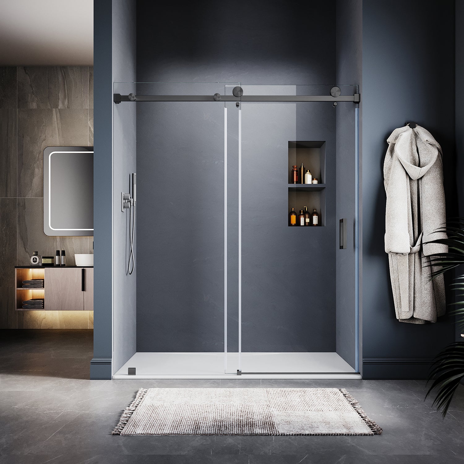 UKS05 - 61 to 65 in. W x 76 or 80 in. H Sliding Frameless Shower Door, EnduroShield 3/8 in. SGCC Clear Glass -wholesale