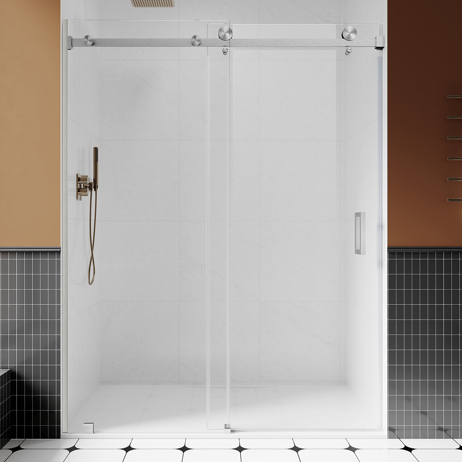 UKS05 - 61 to 65 in. W x 76 or 80 in. H Sliding Frameless Shower Door, EnduroShield 3/8 in. SGCC Clear Glass -wholesale