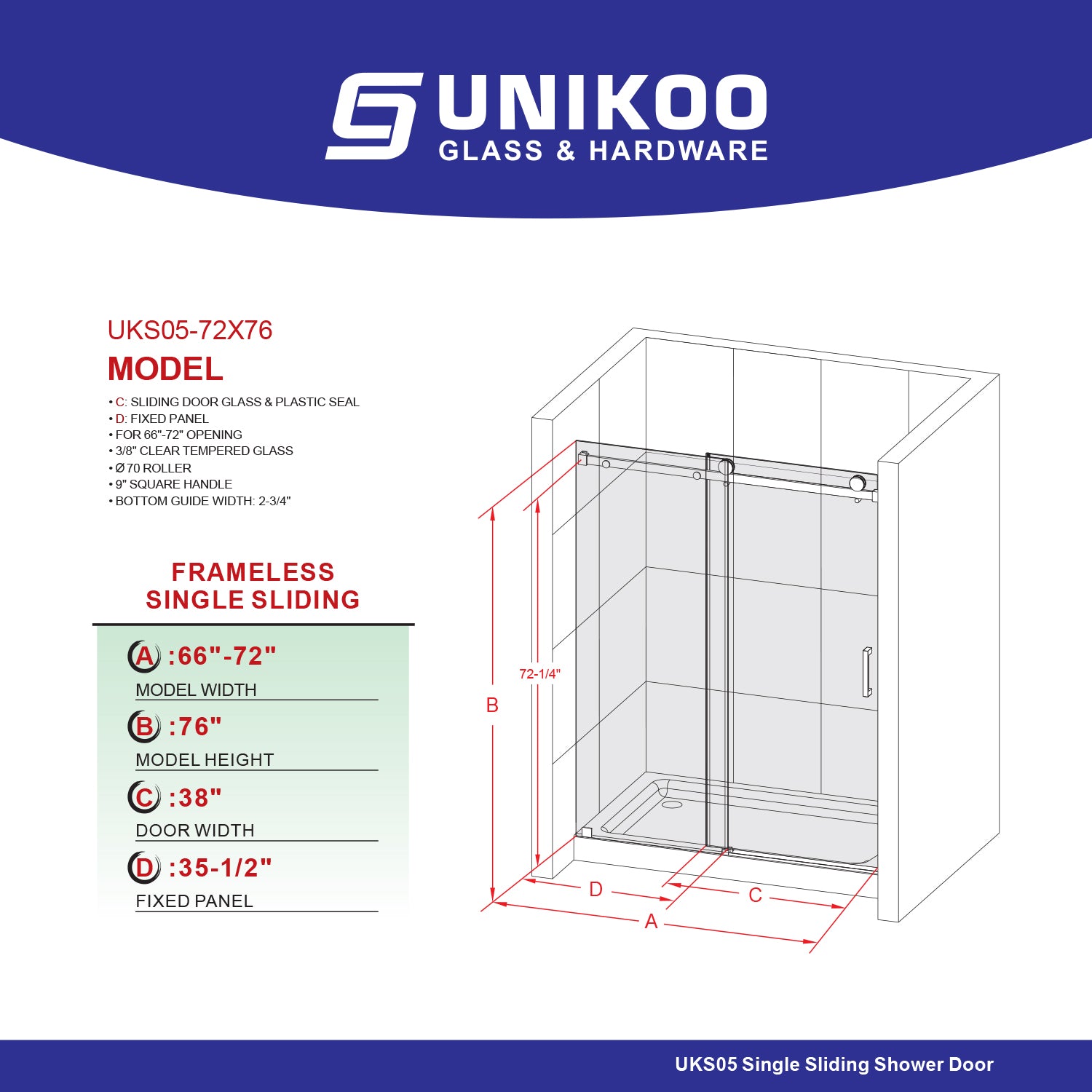 UKS05 - Puerta de ducha corrediza sin marco de 66 a 72 pulgadas de ancho x 76 u 80 pulgadas de alto, vidrio transparente EnduroShield SGCC de 3/8 pulgadas