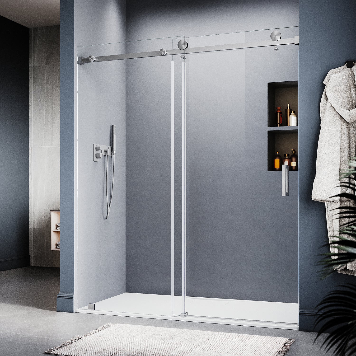 UKS05 - Puerta de ducha corrediza sin marco de 66 a 72 pulgadas de ancho x 76 u 80 pulgadas de alto, vidrio transparente EnduroShield SGCC de 3/8 pulgadas