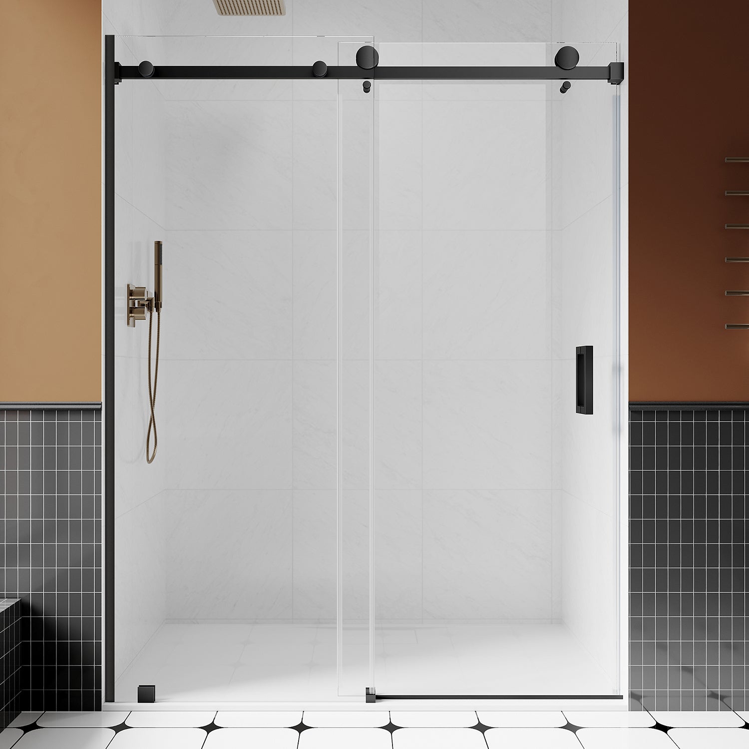 UKS05 - Puerta de ducha corrediza sin marco de 66 a 72 pulgadas de ancho x 76 u 80 pulgadas de alto, vidrio transparente EnduroShield SGCC de 3/8 pulgadas