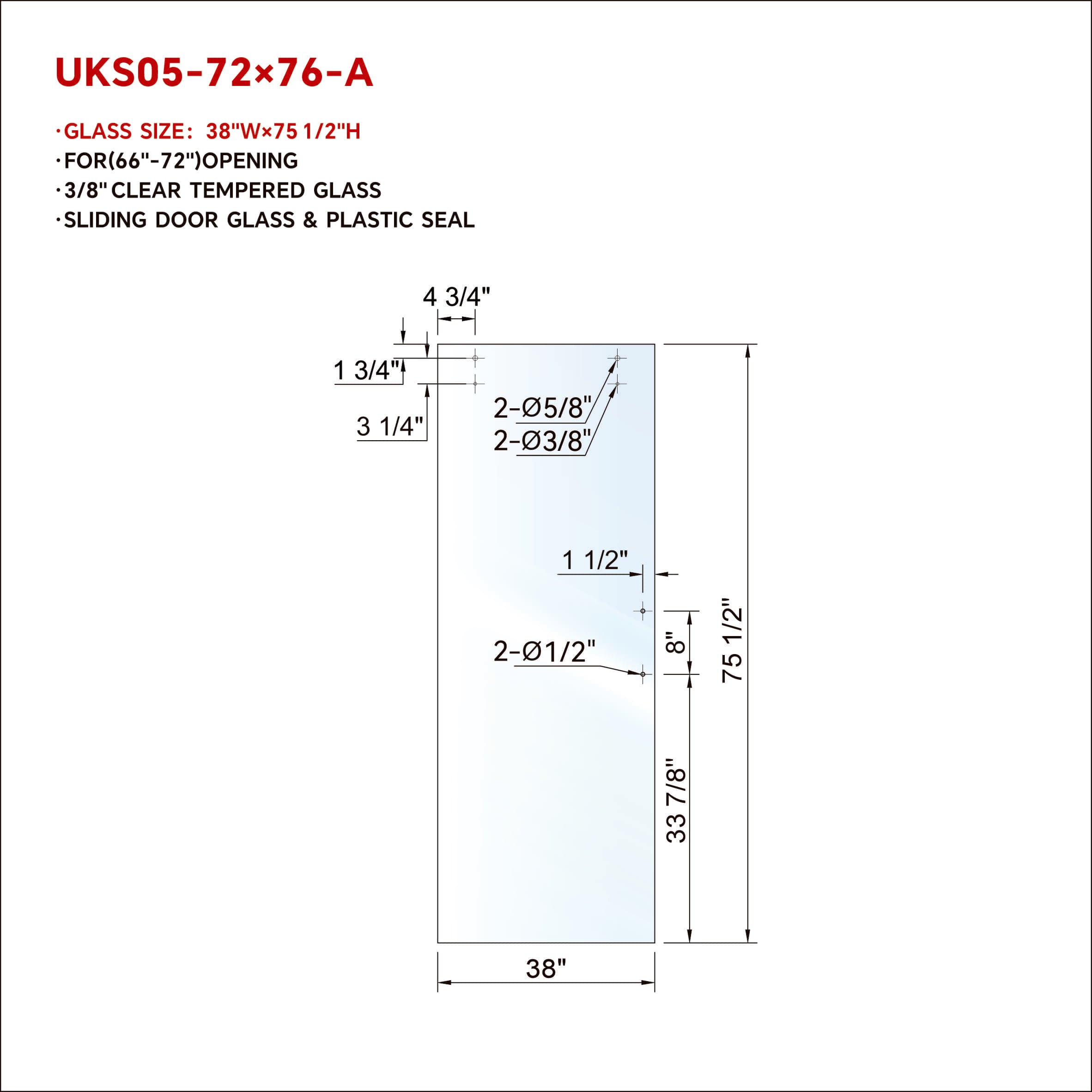 UKS05 SLIDING DOOR GLASS W/ 8' HANDLE OPENING GLASS WITH ENDURO SHIELD COATING ON BOTH