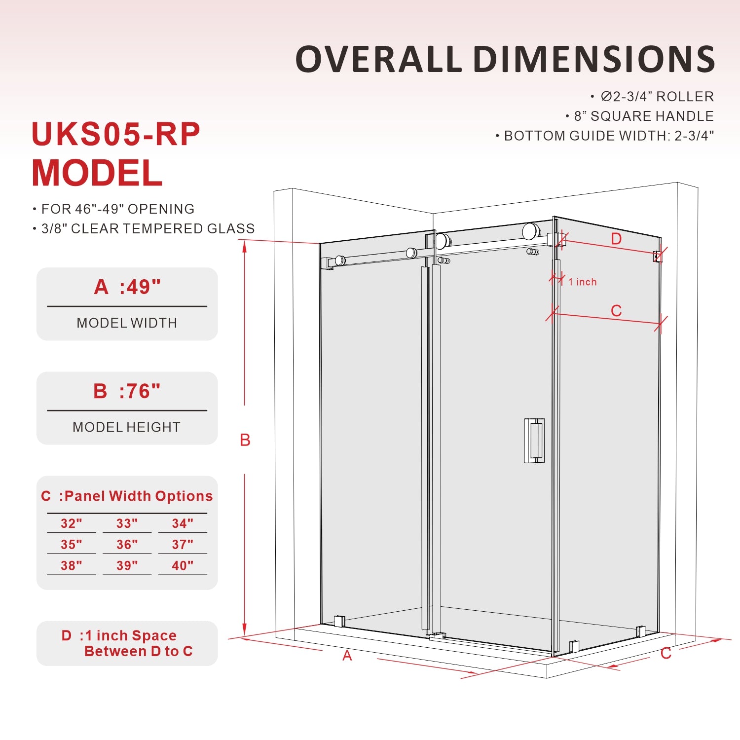 UKS05RP 46 to 49 in. W X 34-1/8 to 35 in. D X 76 in. H U-Channel Frameless Sliding Shower Door with EnduroShield 3/8 in. Clear Glass