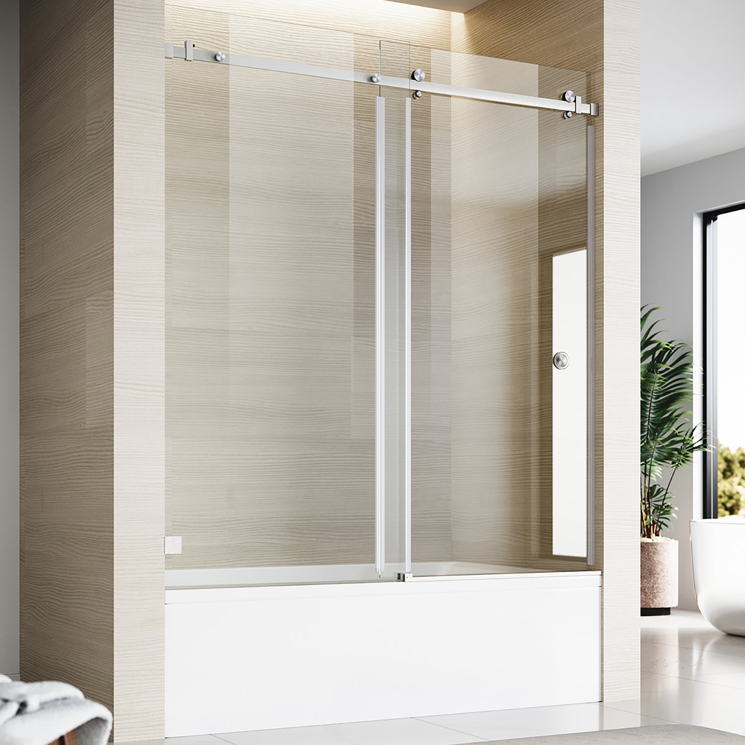 Puerta corredera individual sin marco para bañera UKS09, de 56 a 60 pulgadas de ancho x 66 pulgadas de alto, en negro mate con vidrio transparente EnduroShield de 3/8".