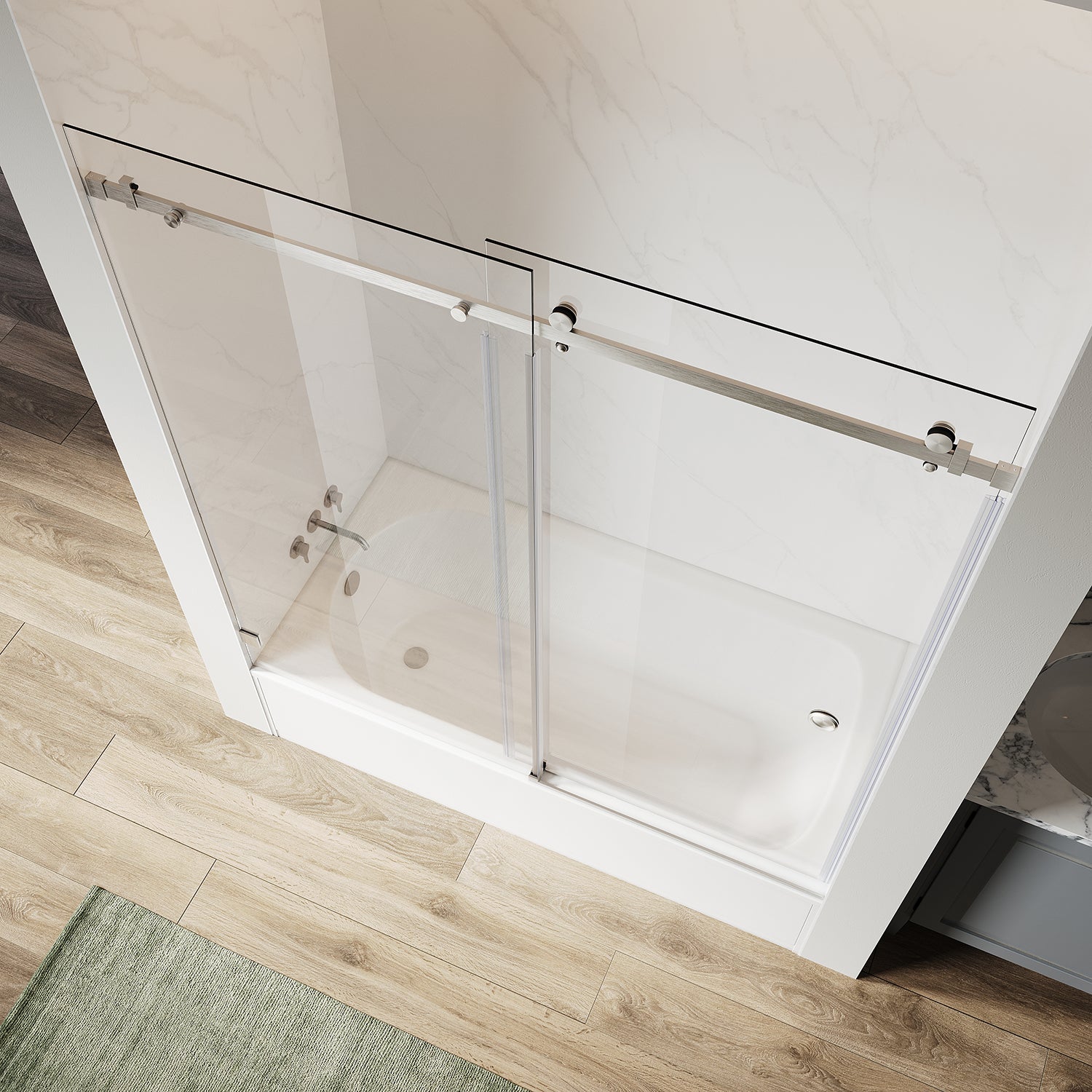 Puerta corredera individual sin marco para bañera UKS09, de 56 a 60 pulgadas de ancho x 66 pulgadas de alto, en negro mate con vidrio transparente EnduroShield de 3/8".