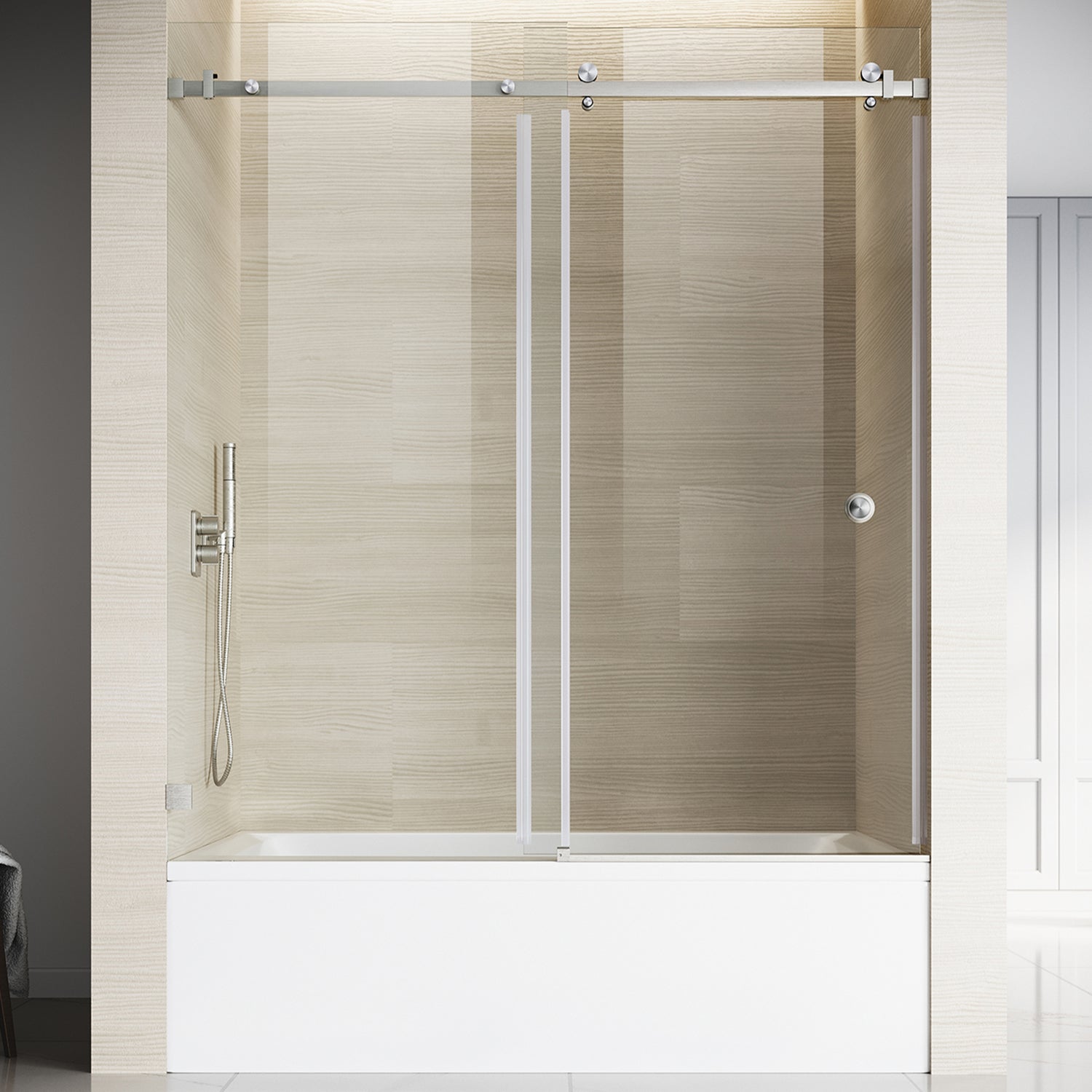 Puerta corredera individual sin marco para bañera UKS09, de 56 a 60 pulgadas de ancho x 66 pulgadas de alto, en negro mate con vidrio transparente EnduroShield de 3/8".