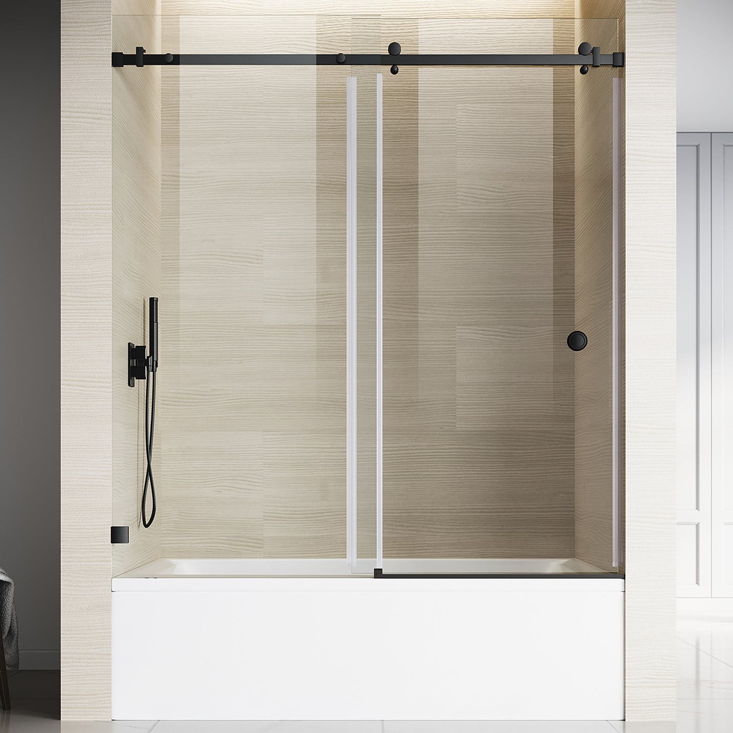 Puerta corredera individual sin marco para bañera UKS09, de 56 a 60 pulgadas de ancho x 66 pulgadas de alto, en negro mate con vidrio transparente EnduroShield de 3/8".