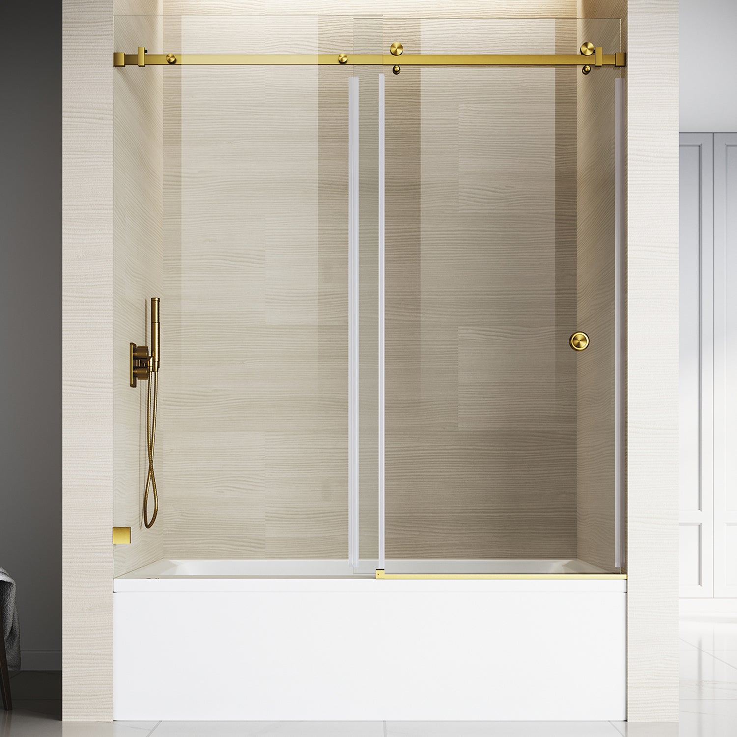 Puerta corredera individual sin marco para bañera UKS09, de 56 a 60 pulgadas de ancho x 66 pulgadas de alto, en negro mate con vidrio transparente EnduroShield de 3/8".