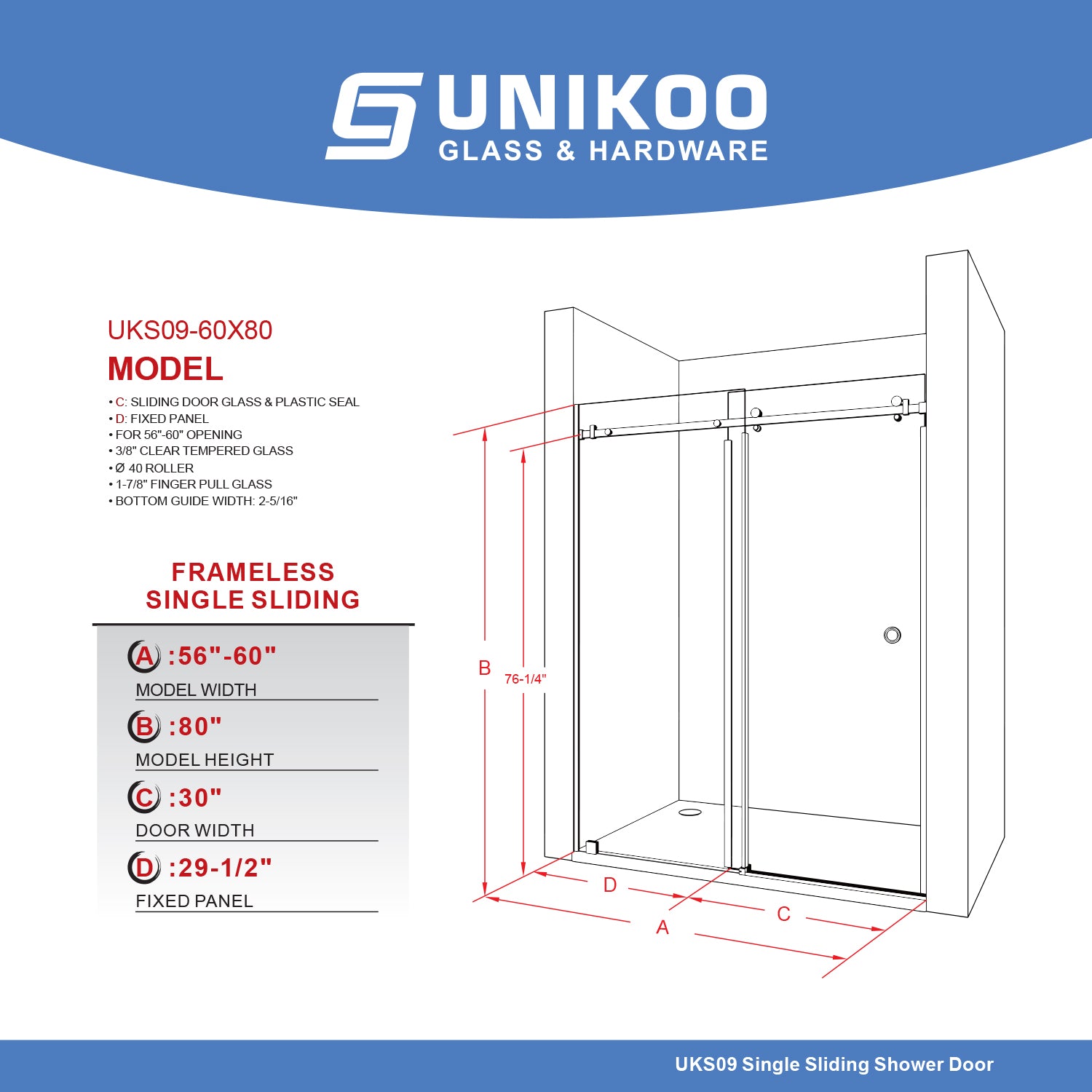 UKS09 56 to 60 in. W x 76 or 80 in. H Single Sliding Frameless Shower Door with EnduroShield 3/8 in. Clear Glass -wholesale