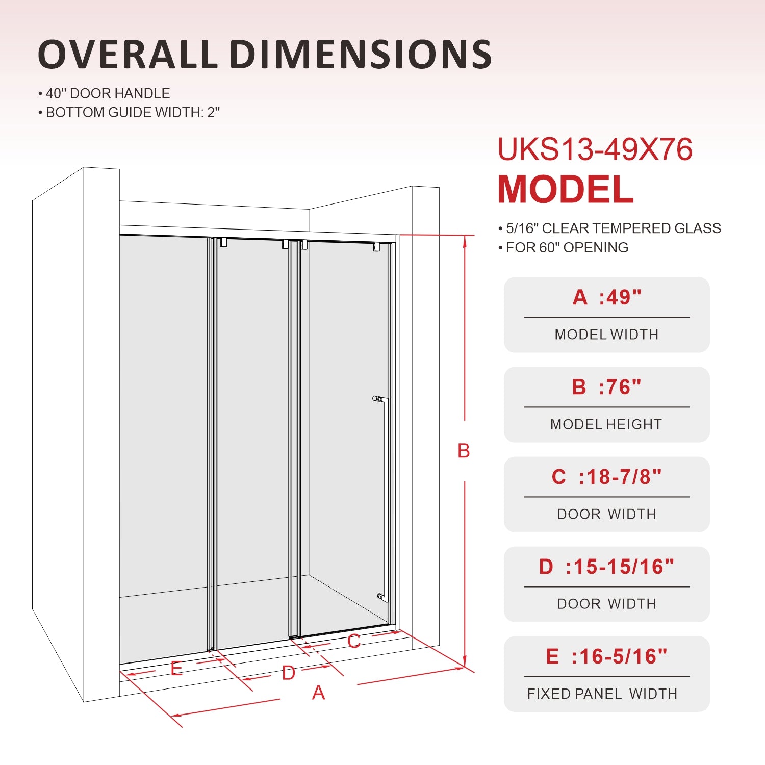 46"- 49" W×76" H Framed Stainless Steel Bypass Sliding Shower Door in Matte Black with Three 5/16" (8mm) Certified Tempered Clear Glass UKS13-49x76