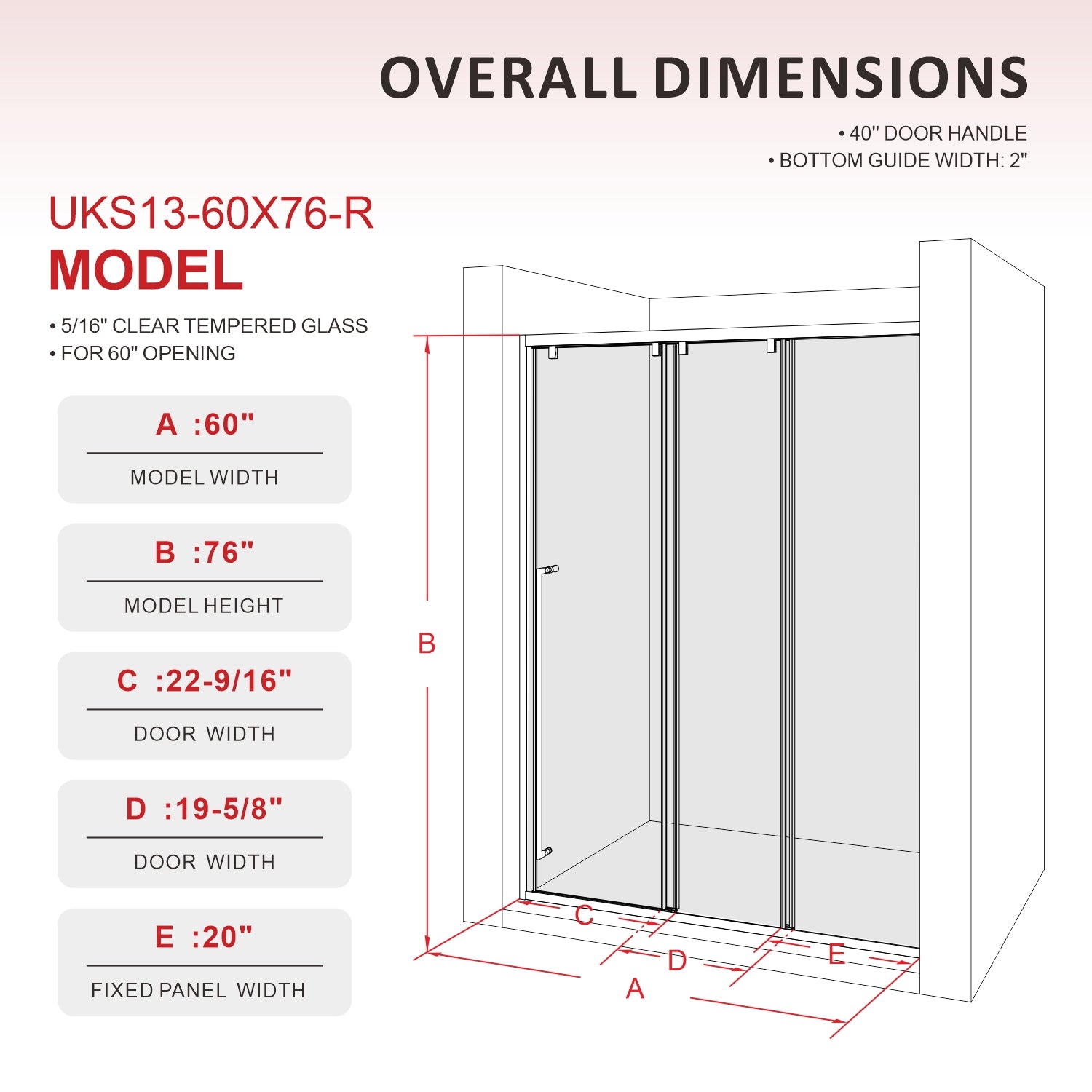 56-60英寸宽×76英寸高哑光黑色不锈钢推拉淋浴门，配有三块5/16英寸（8毫米）认证钢化透明玻璃，型号UKS13-60x76 