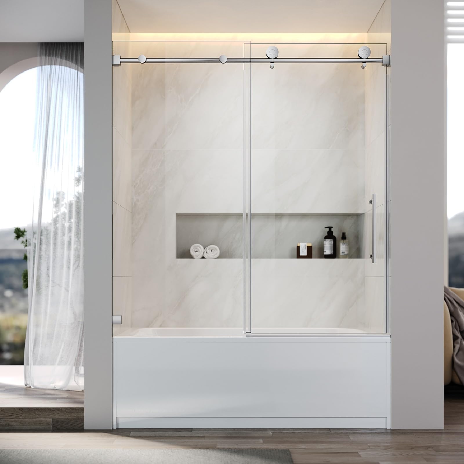 UNIKOO - Cabina de ducha corredera individual ajustable sin marco de acero inoxidable con (1) manija doble de 16”