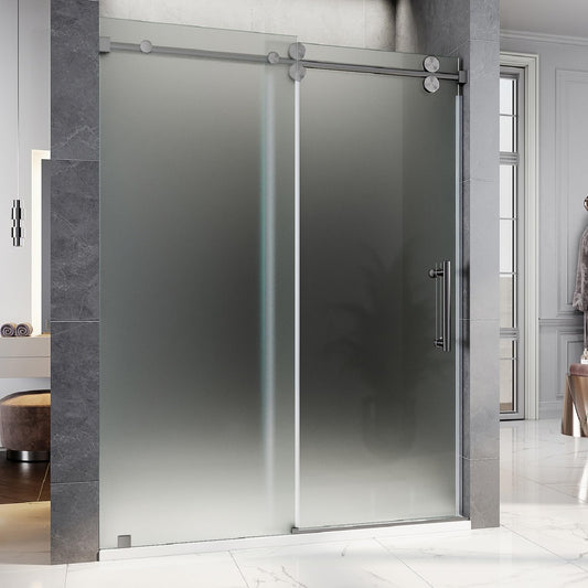 UNIKOO Frameless Stainless Steel Sliding Shower Door with 3/8" (10mm) Certified Tempered Acid-Etch e Glass. The King Series