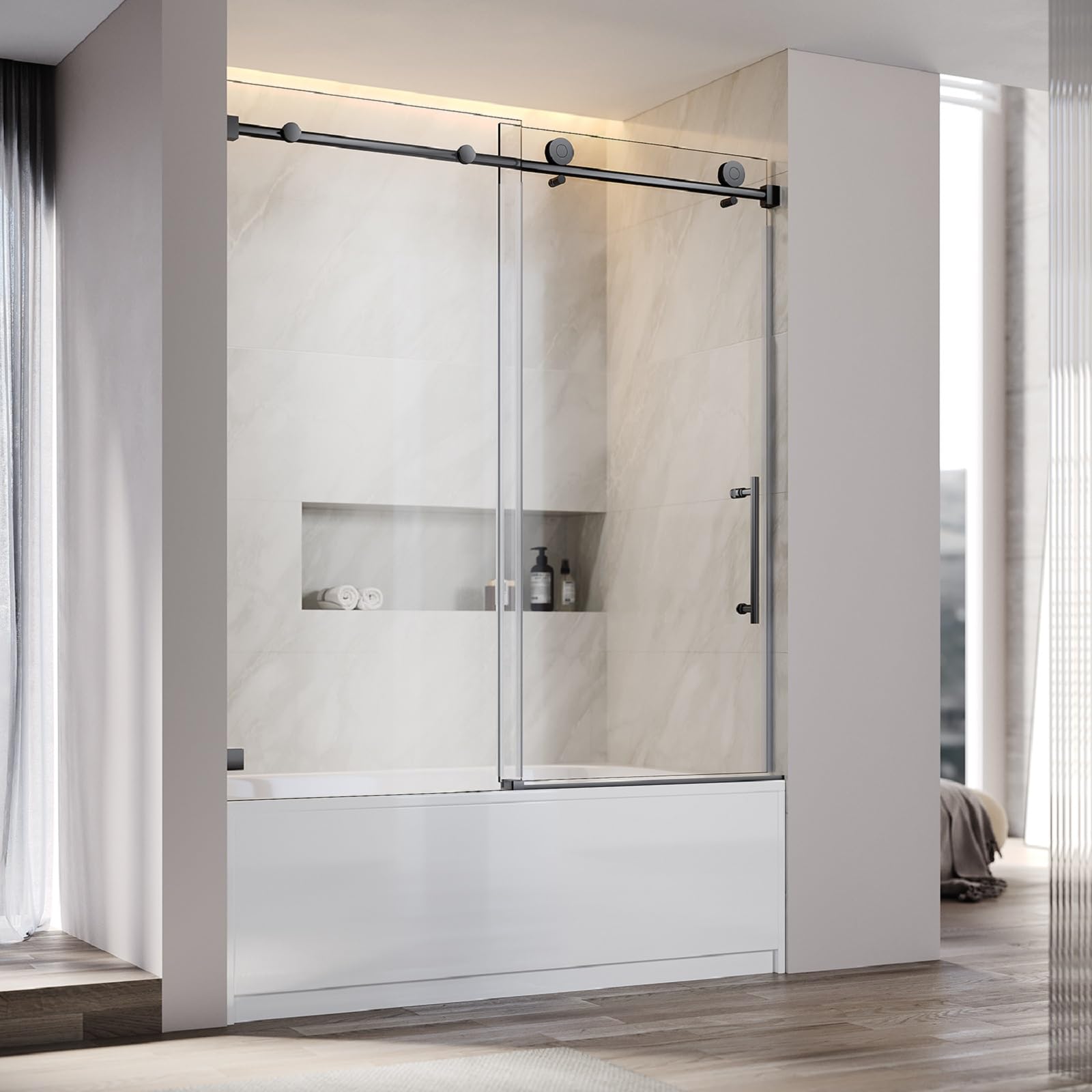 UNIKOO - Cabina de ducha corredera individual ajustable sin marco de acero inoxidable con (1) manija doble de 16”