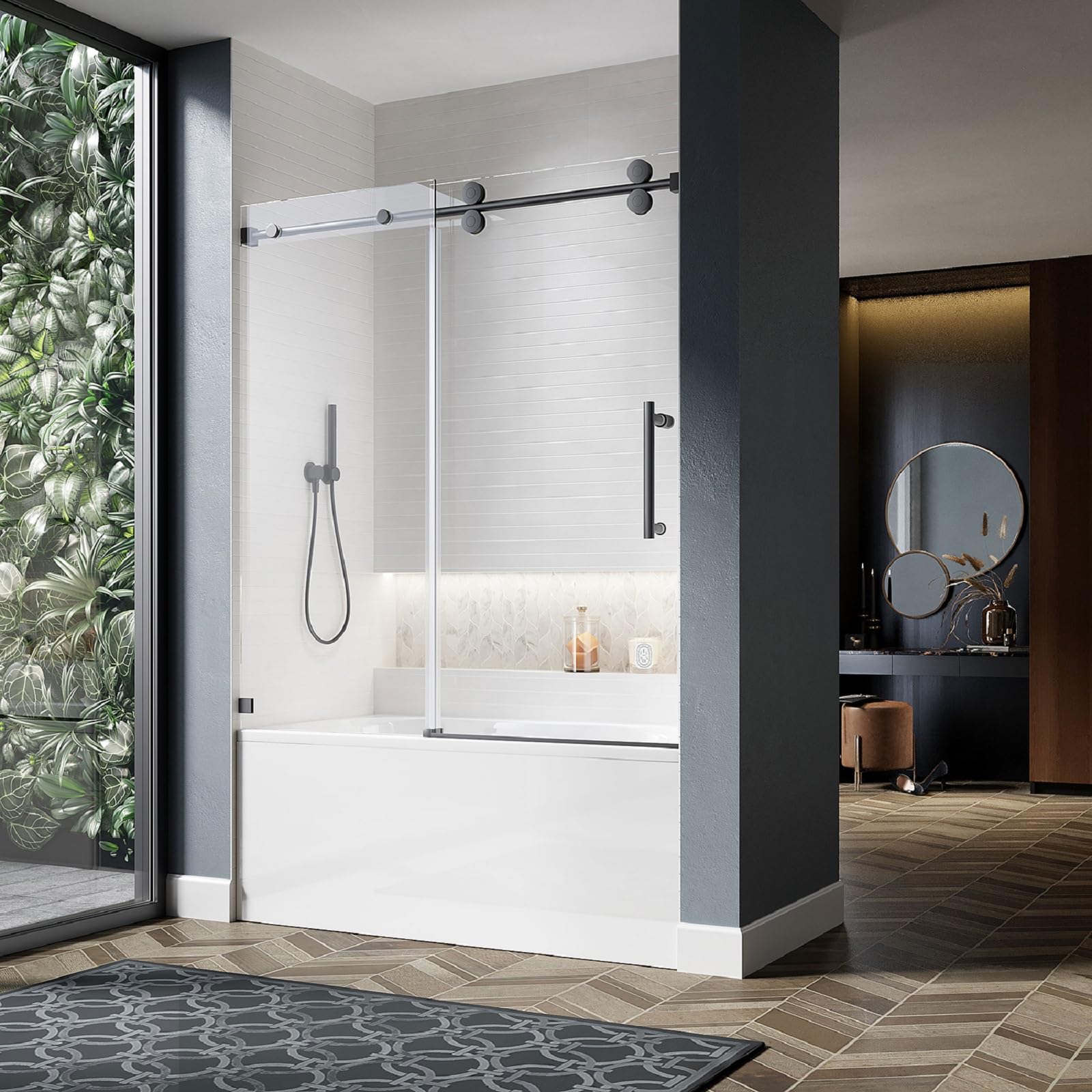 Puerta de ducha corredera sin marco UNIKOO de acero inoxidable con vidrio templado certificado Optiwhite de 3/8" (10 mm).