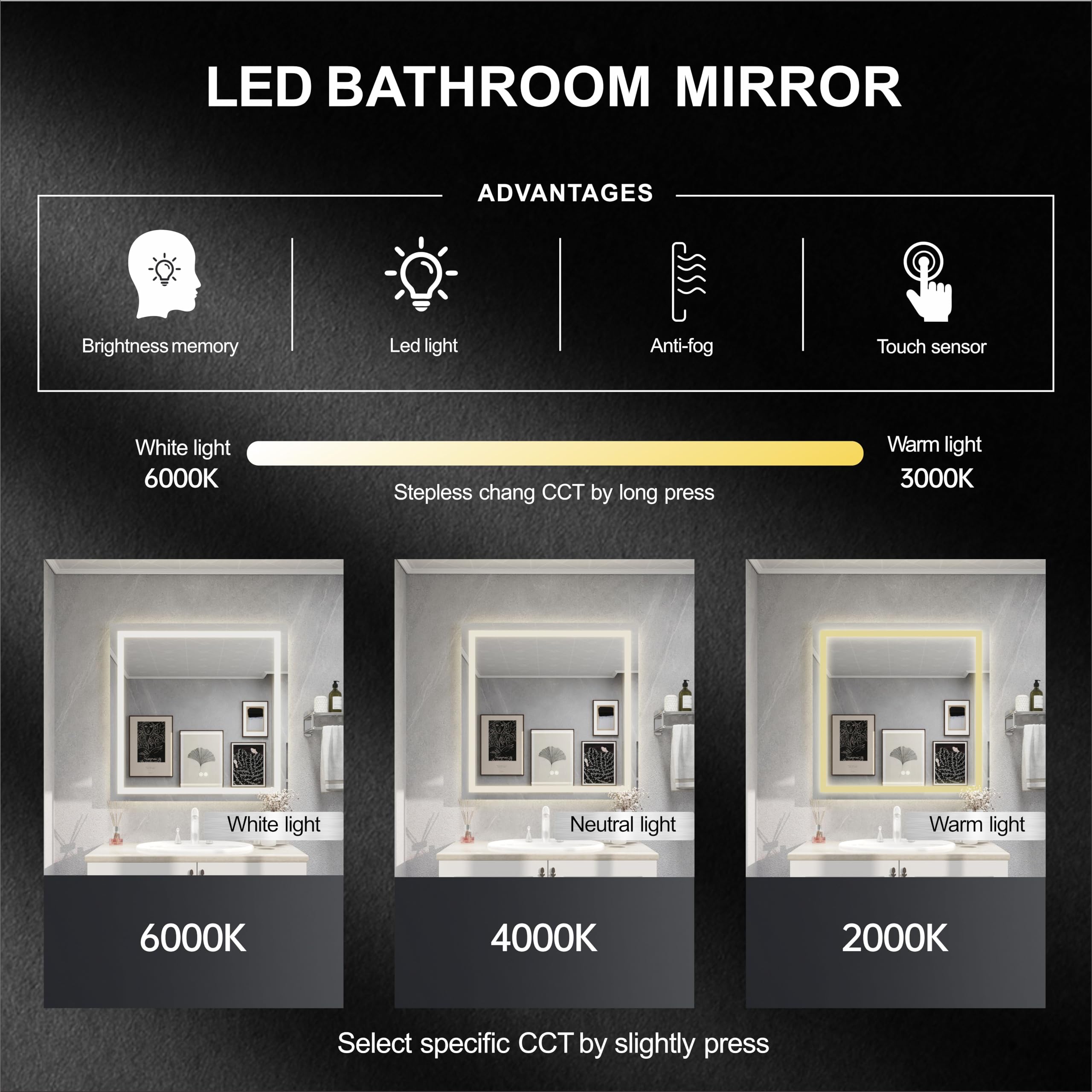 LED Backlit Bathroom Vanity Mirror with Dual Lighting, Anti-Fog, 3-Color Dimmable CRI90+, Memory Function, and Shatter-Proof Glass