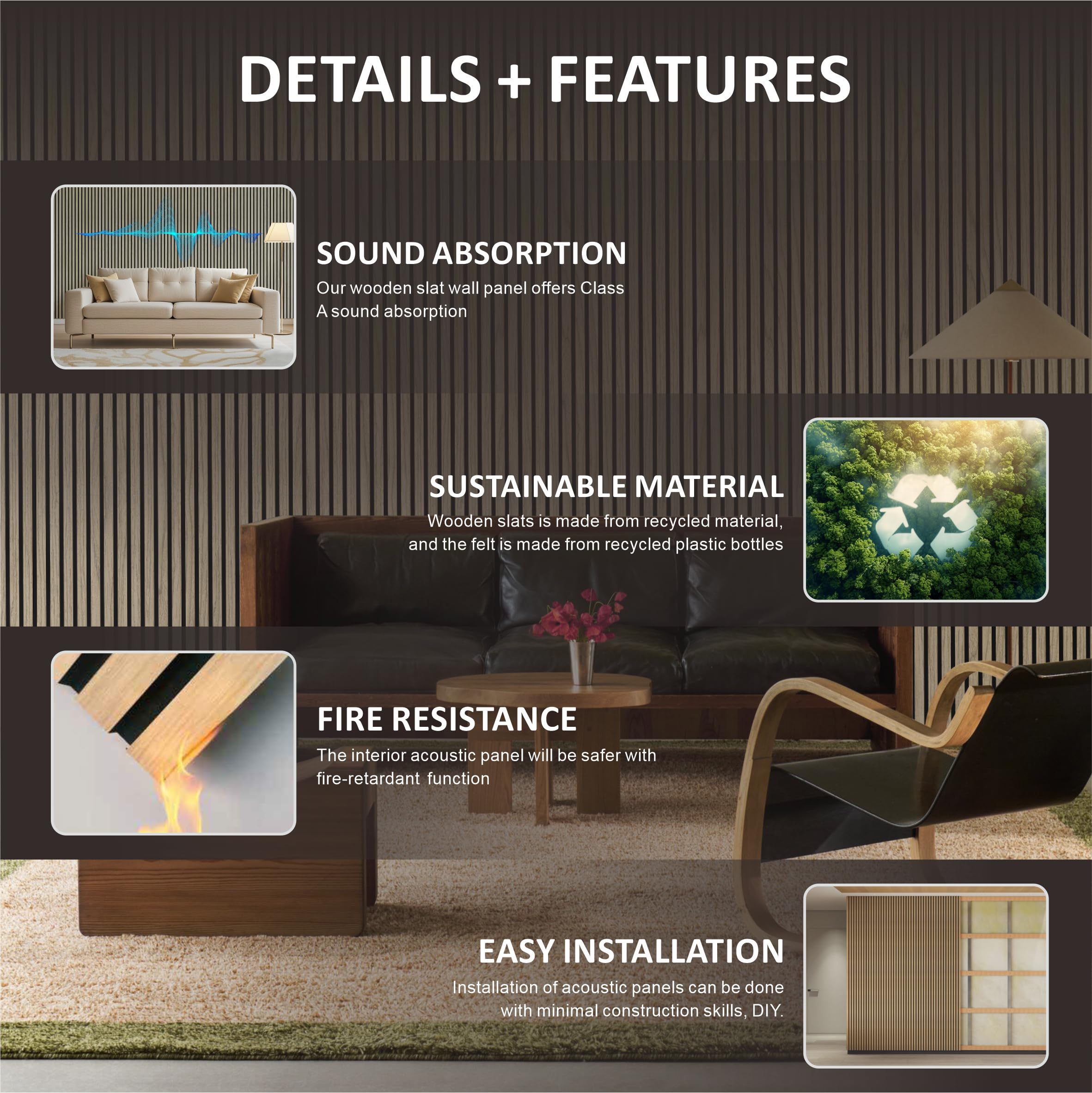 Panel de pared de listones de madera UNIKOO - 60 cm x 240 cm, panel 3D acanalado que absorbe el sonido, ideal para la decoración moderna del hogar.